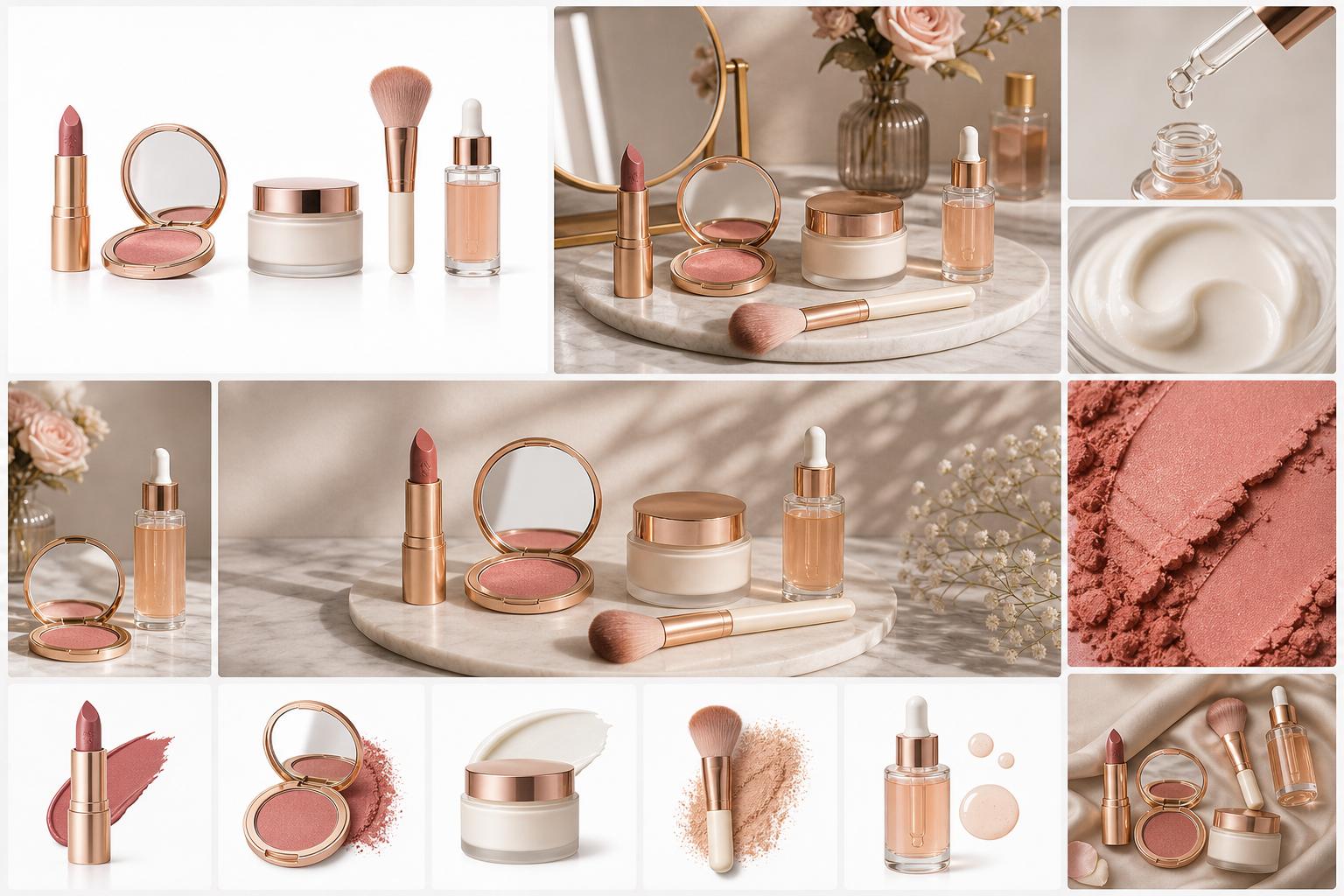 AI-generated cosmetics product photography package for ecommerce