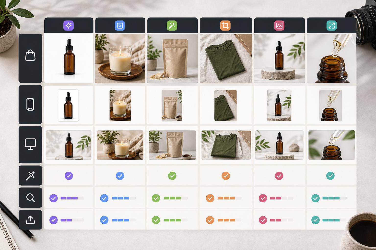 AI product photography tools comparison board with generic product output cards