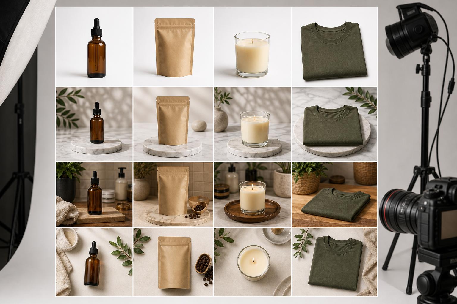 Product photoshoot AI contact sheet with generic products in multiple studio setups
