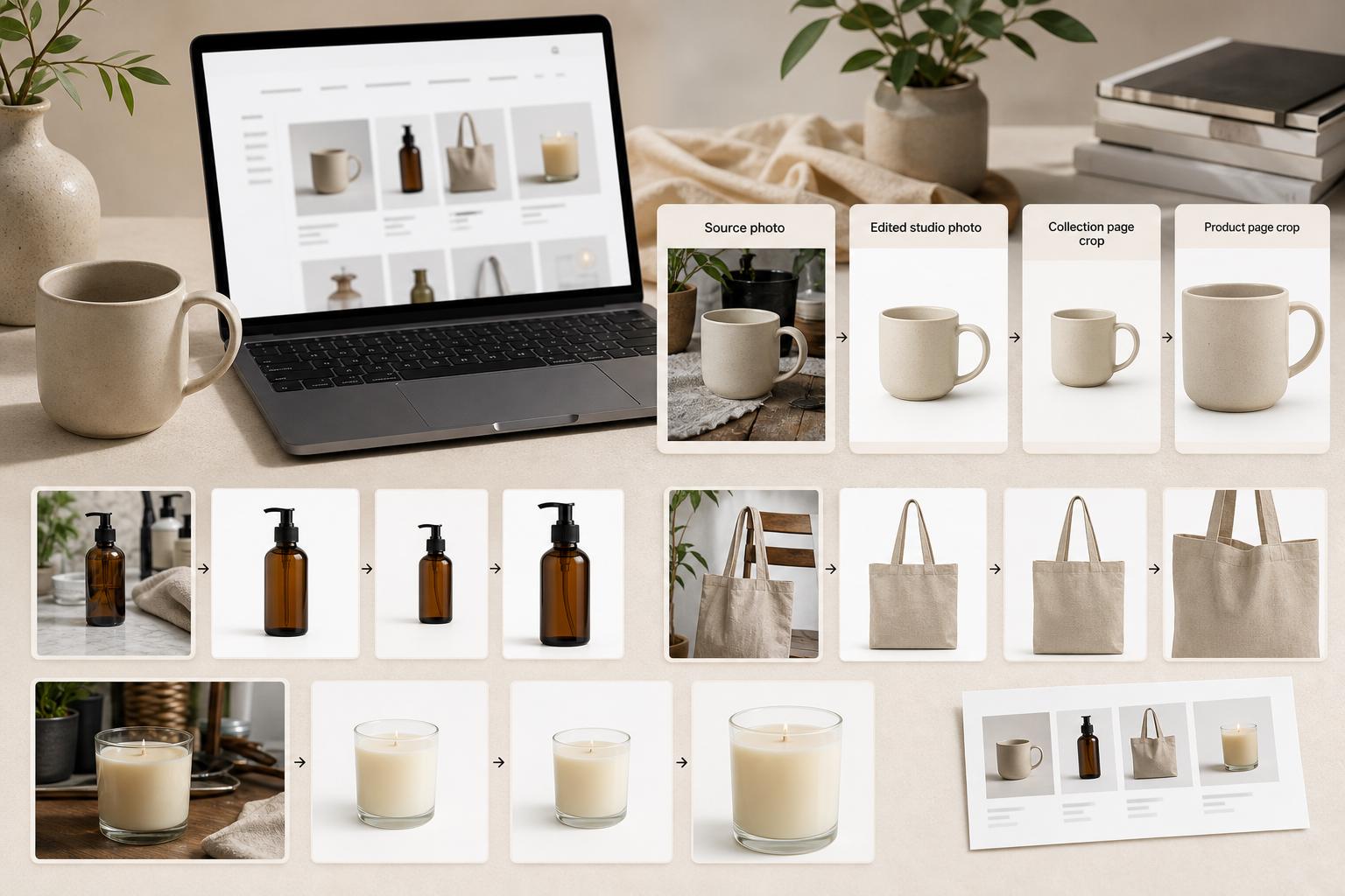 Shopify product photo editing workspace with generic storefront image outputs