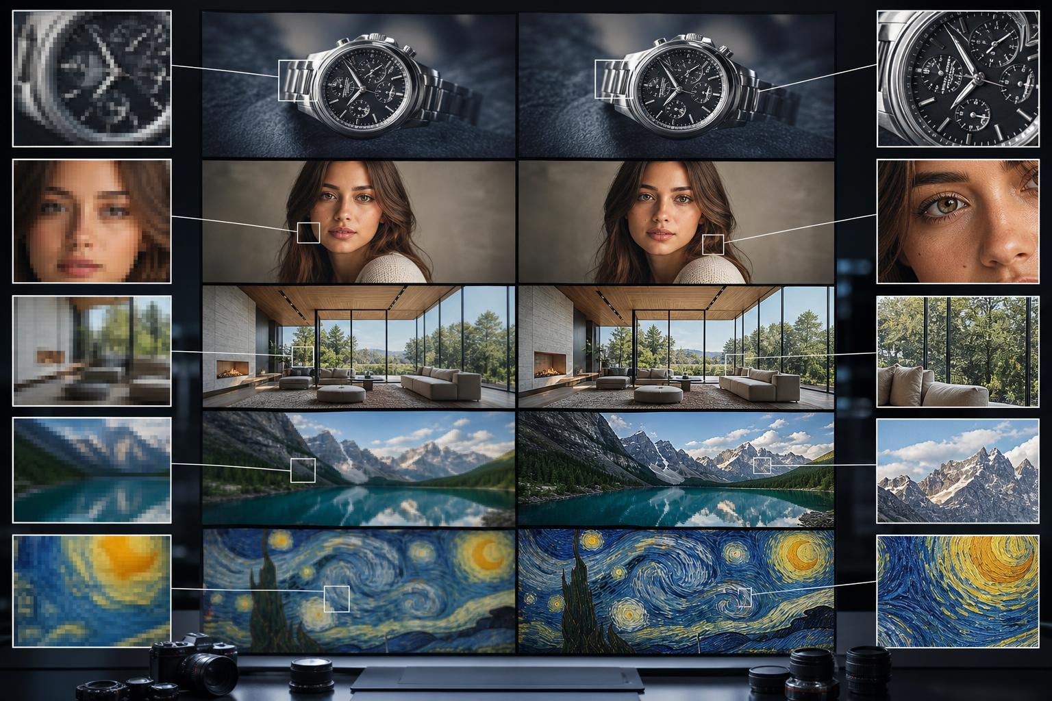 AI image upscaler examples with higher-resolution detail crops