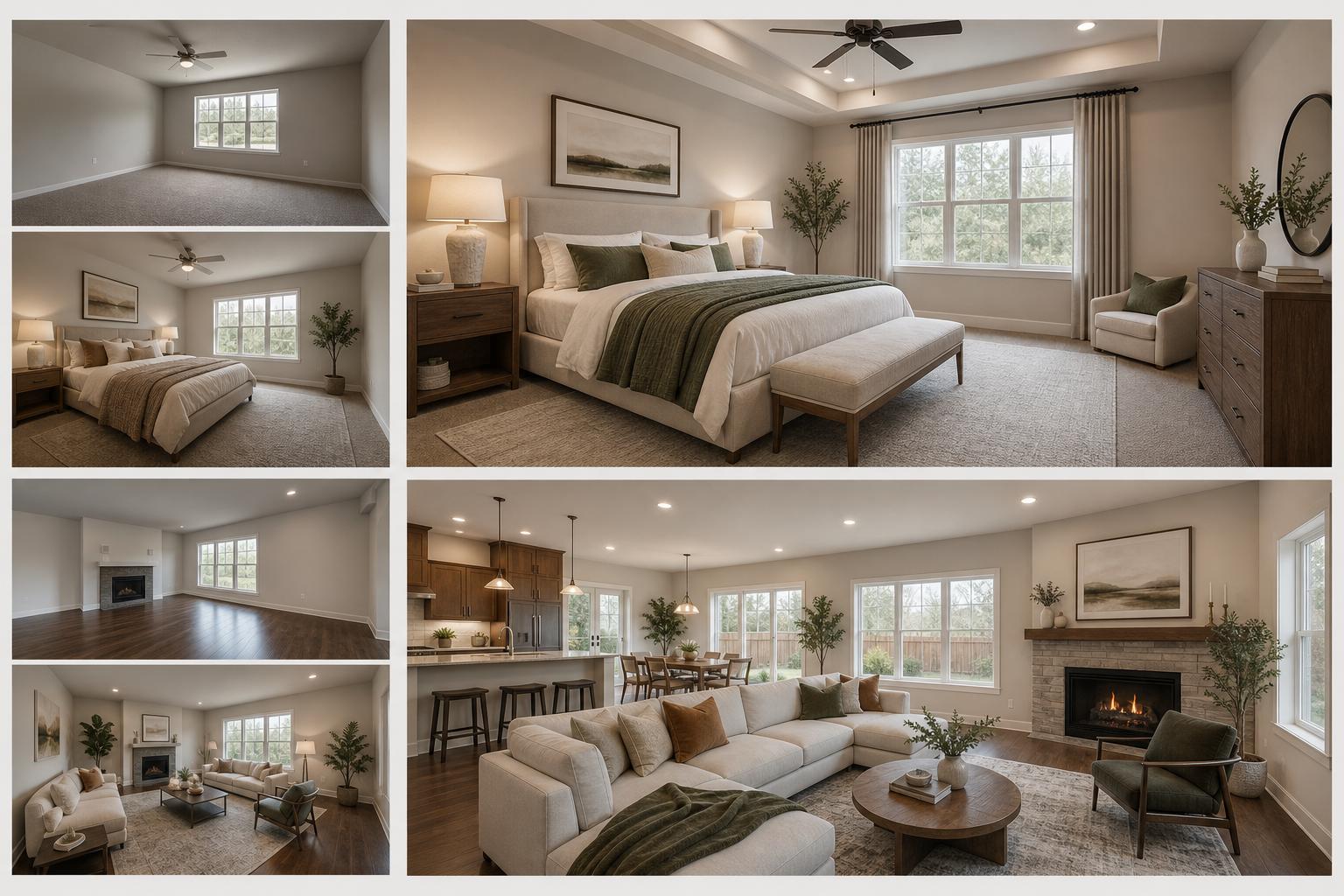 Virtual room staging AI examples for bedrooms and living rooms