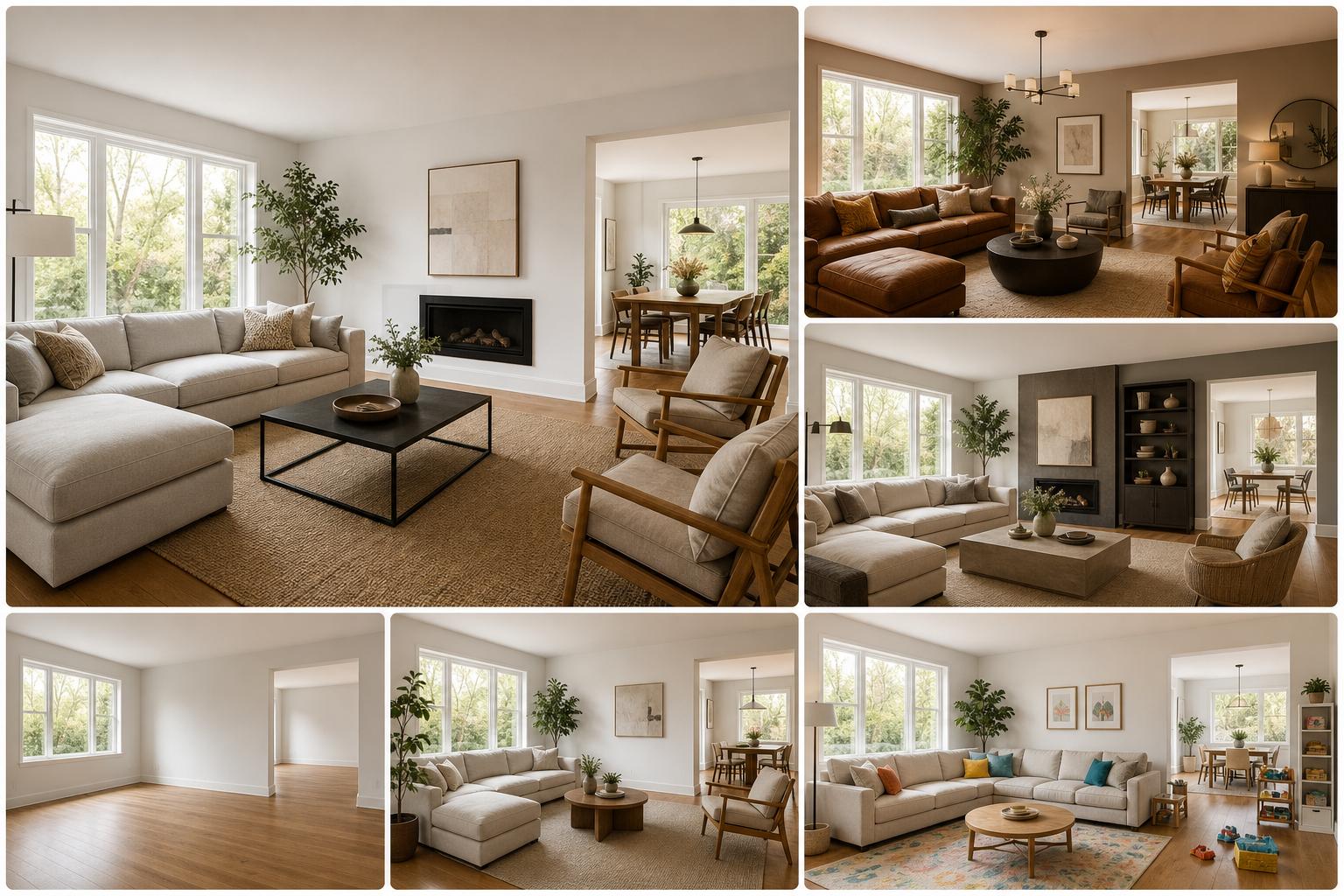 Virtual staging AI examples with furnished room style variations