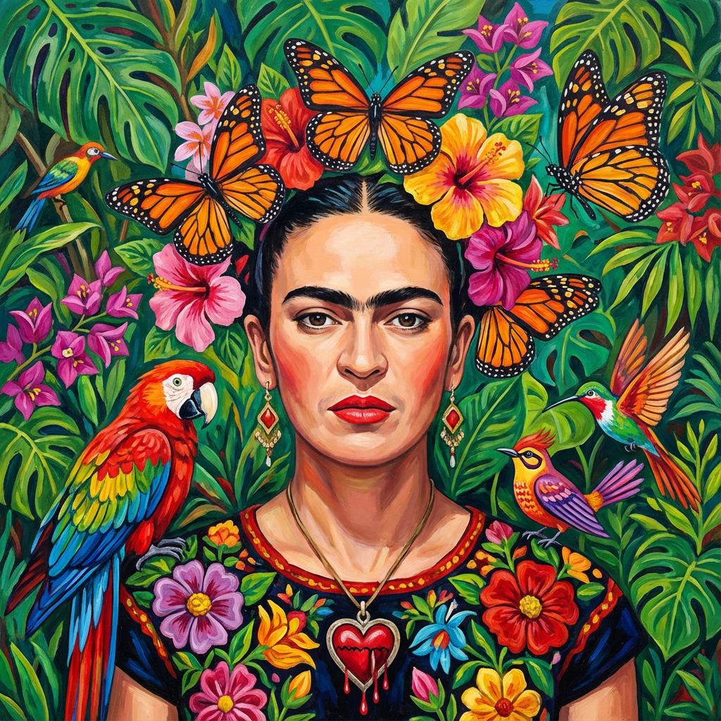 Redes Sociales AI image: Self-portrait with monarch butterflies and tropical flowers in hair, Frida Kahlo Mexican folk art st