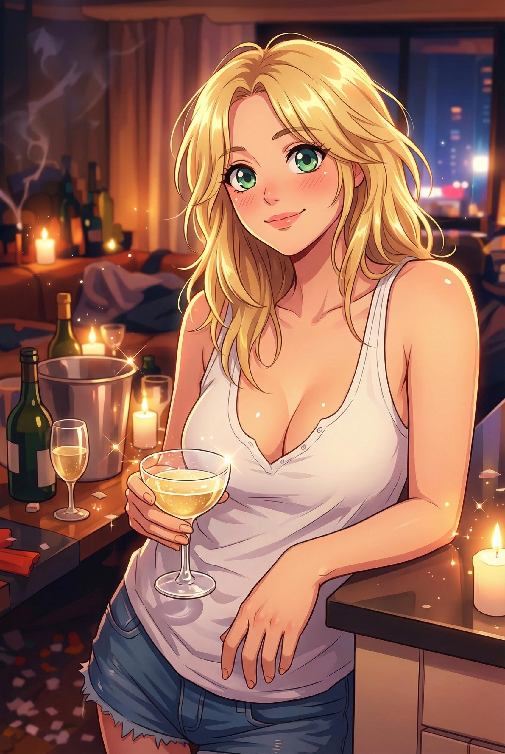 Japanese animation art style with distinctive large eyes, expressive faces, and vibrant colors