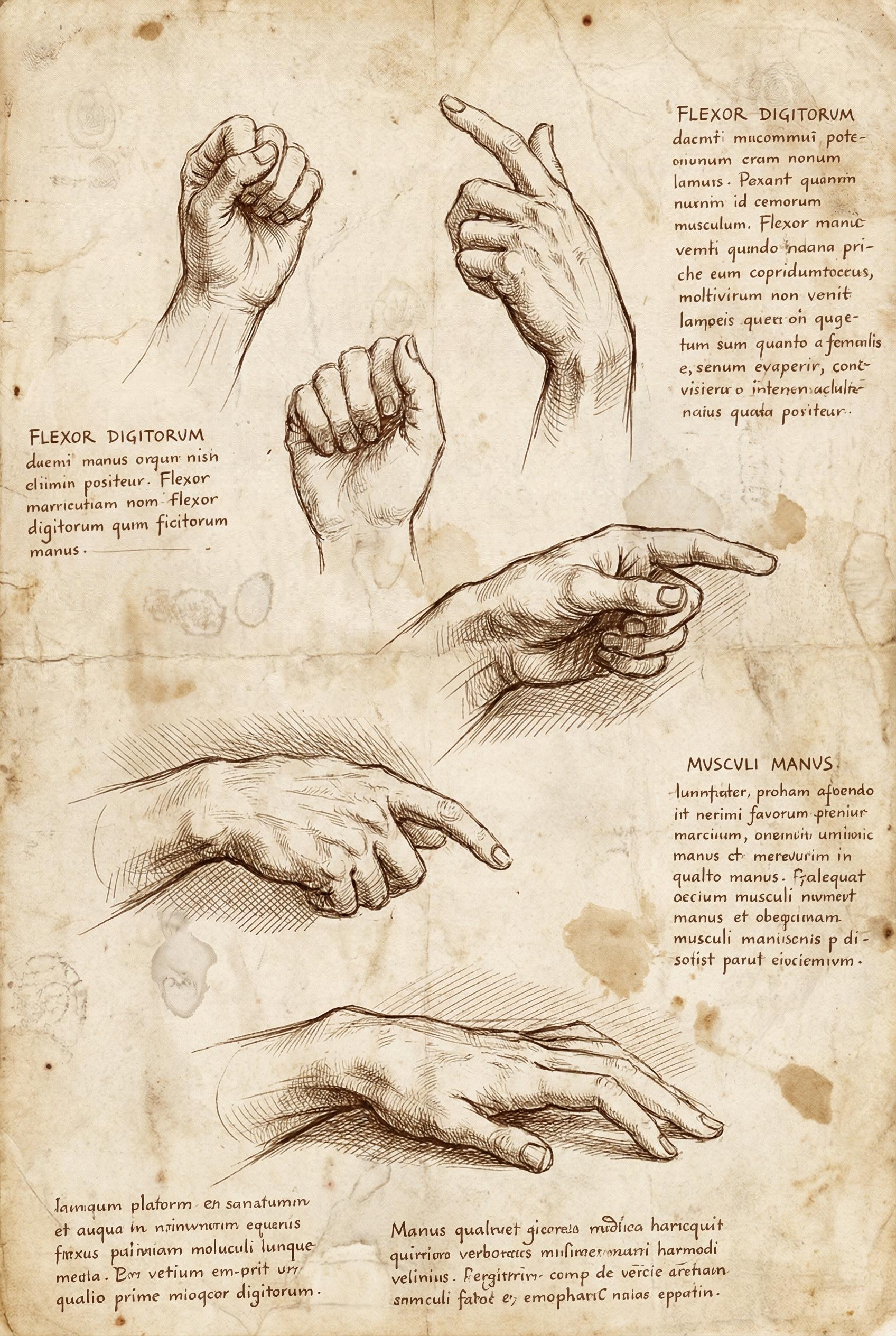 A detailed anatomical study sketch of a human hand in various poses, sepia ink on aged parchment paper, handwritten lati