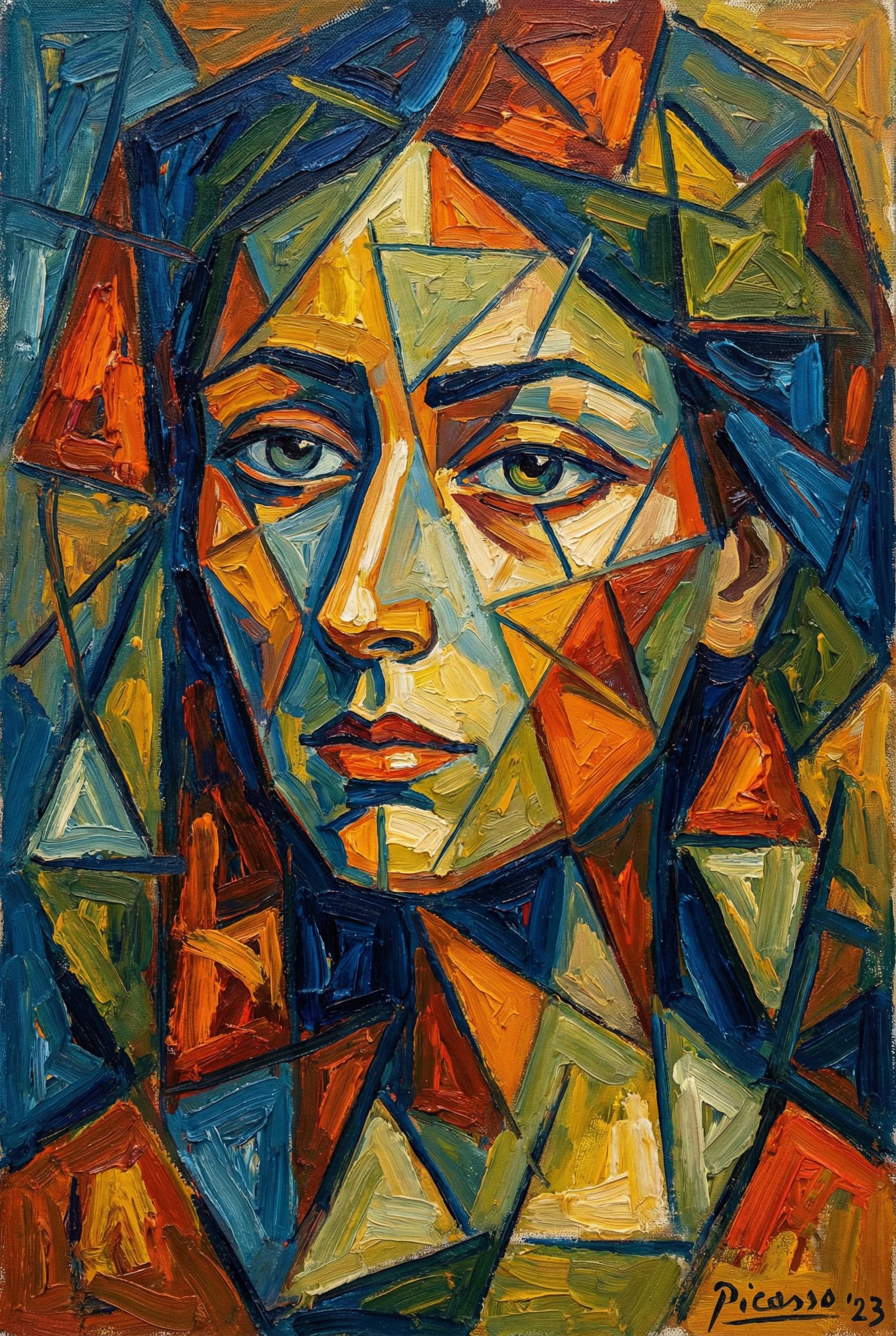A colorful cubist painting of a woman's face, features rearranged in a geometric pattern, sharp angles, vibrant blues an
