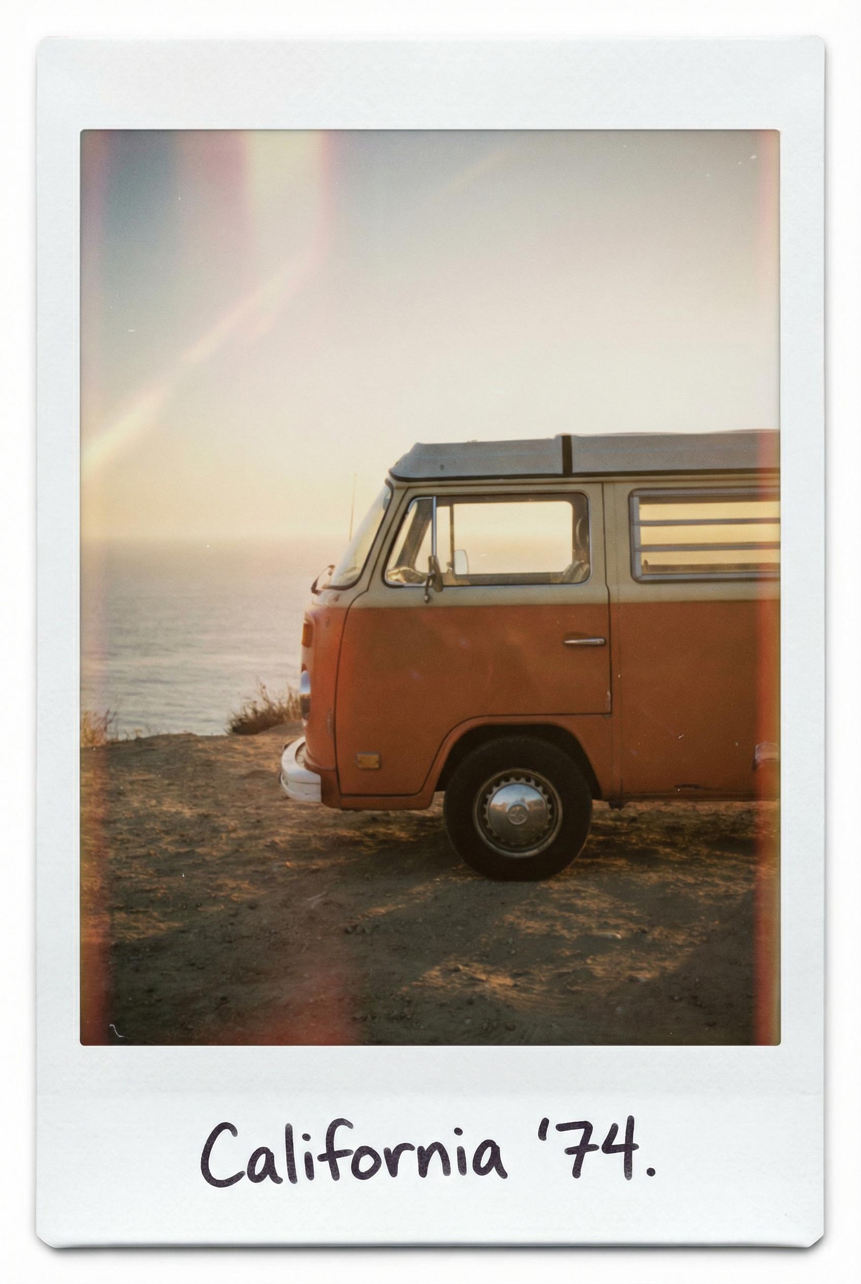 A candid polaroid photo of a vintage VW van parked on a cliff overlooking the ocean at sunset, lens flare, film grain, w