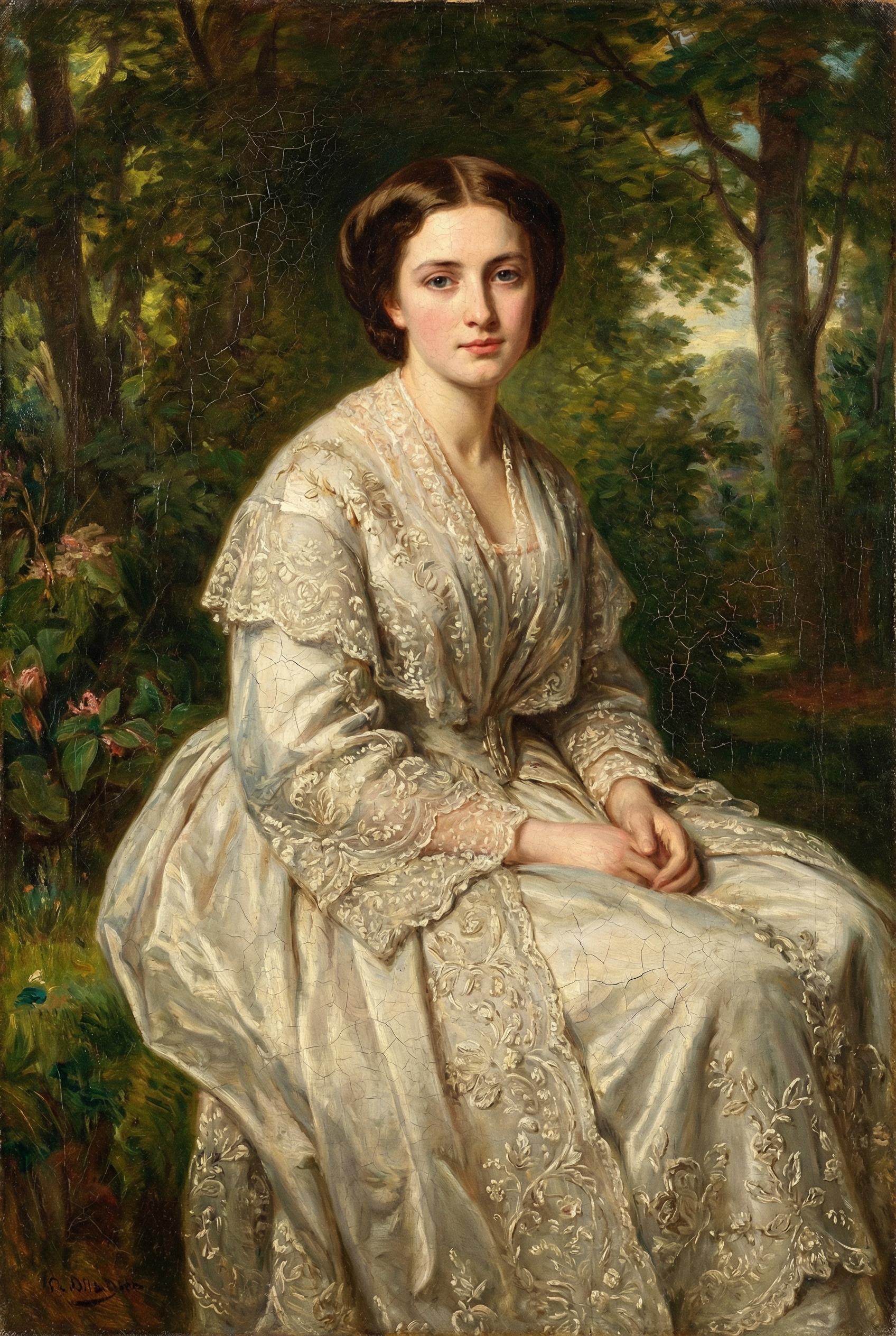 A classical oil painting portrait of a young woman in 19th-century Victorian dress, sitting in a garden, soft natural li