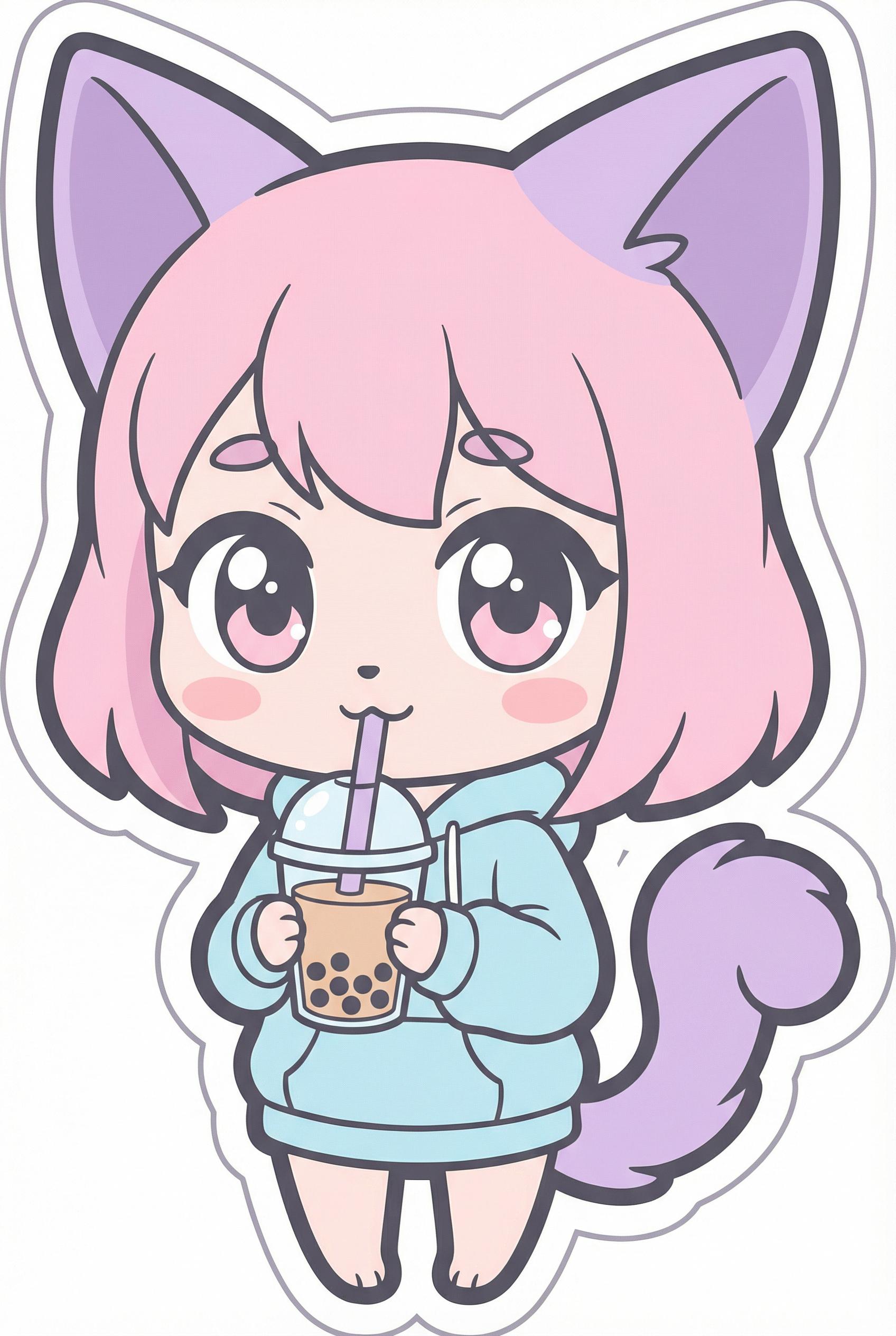 A cute chibi character sticker of a cat-girl with large ears and a tail, holding a bubble tea, oversized head and eyes, 