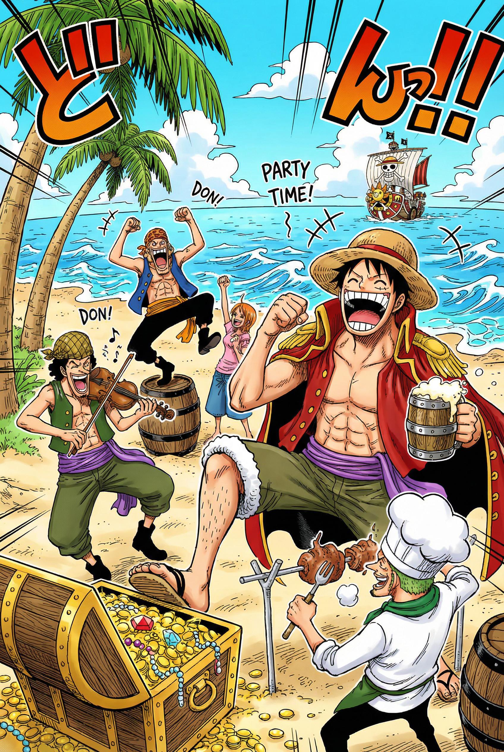 A colorful anime-style illustration of a pirate crew celebrating on a tropical beach with a treasure chest, bright blue 