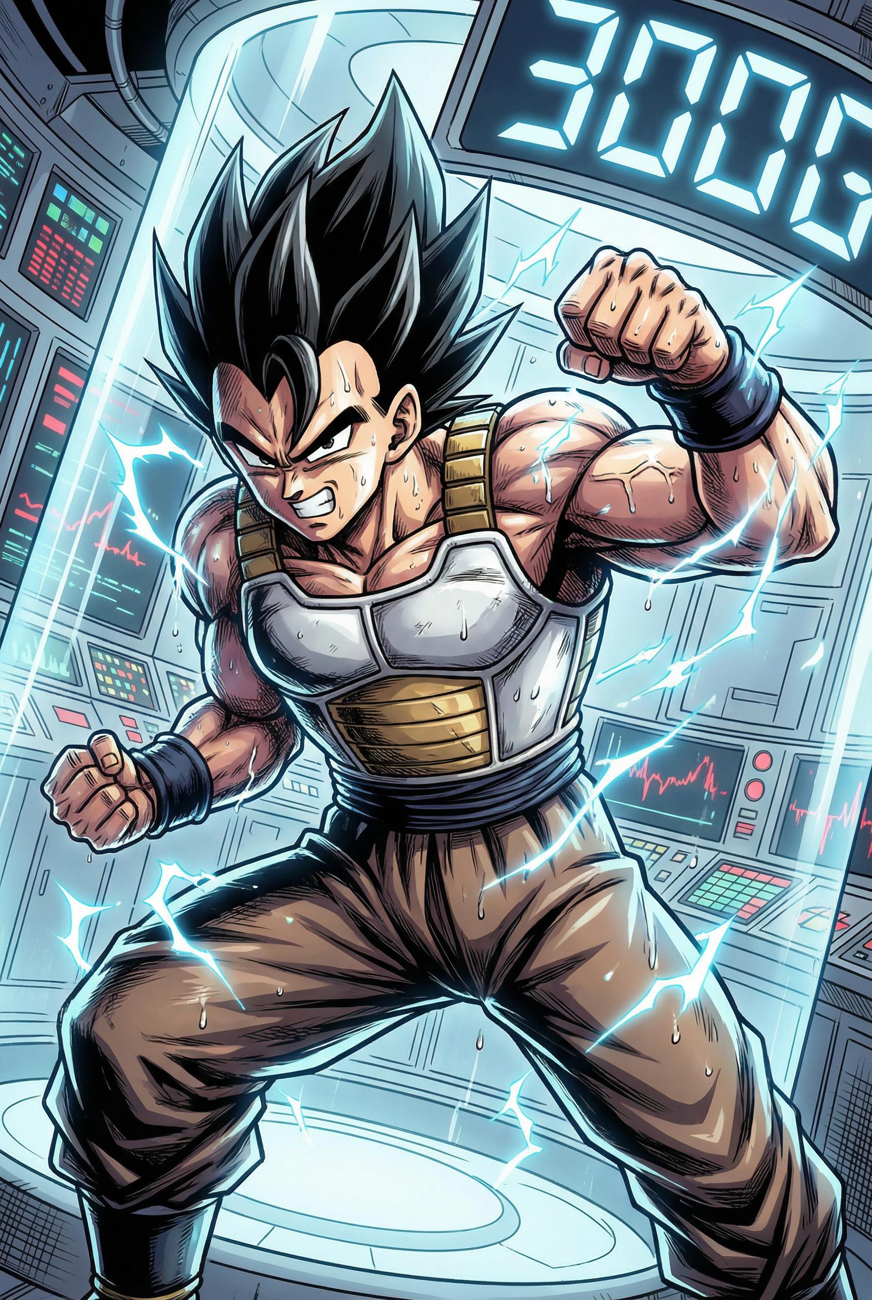 Dragon Ball Style AI image: Training montage scene showing warrior in gravity chamber, sweat droplets flying, determined express
