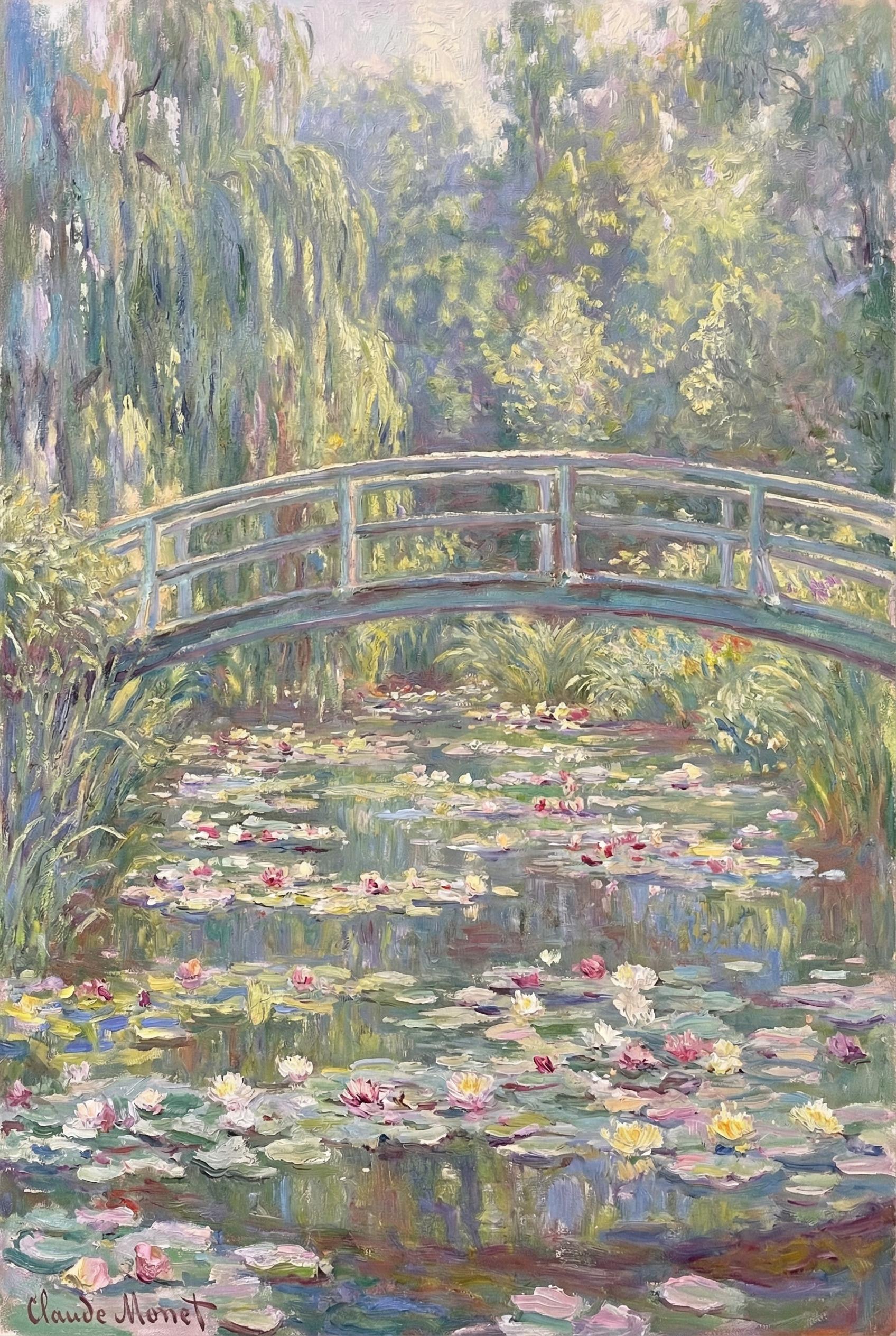 Monet Style Background AI image: A serene impressionist painting of a Japanese footbridge over a pond filled with water lilies, weepi
