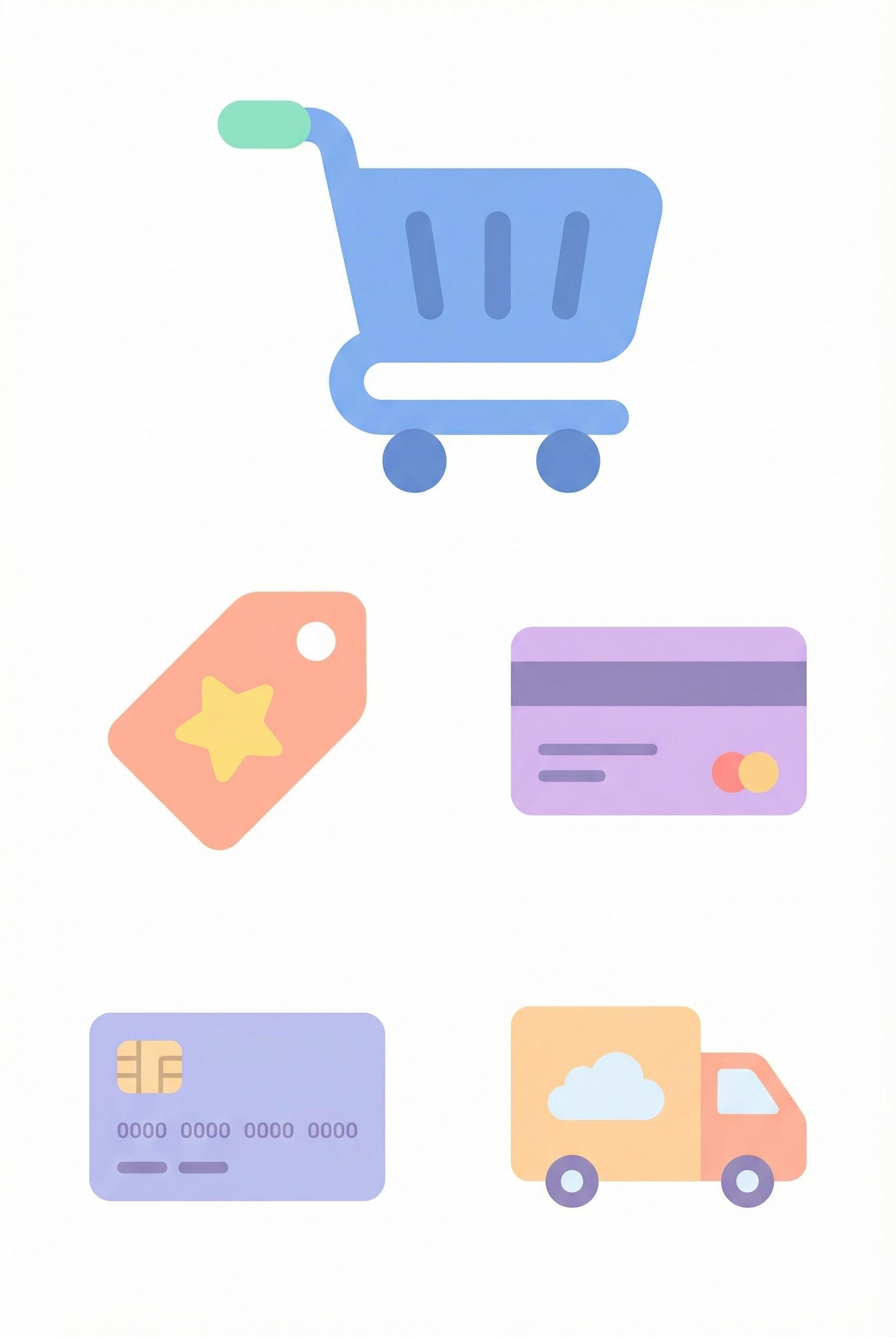 Flat Vector Style AI image: A collection of flat vector icons for e-commerce: a shopping cart, a price tag, a credit card, and a