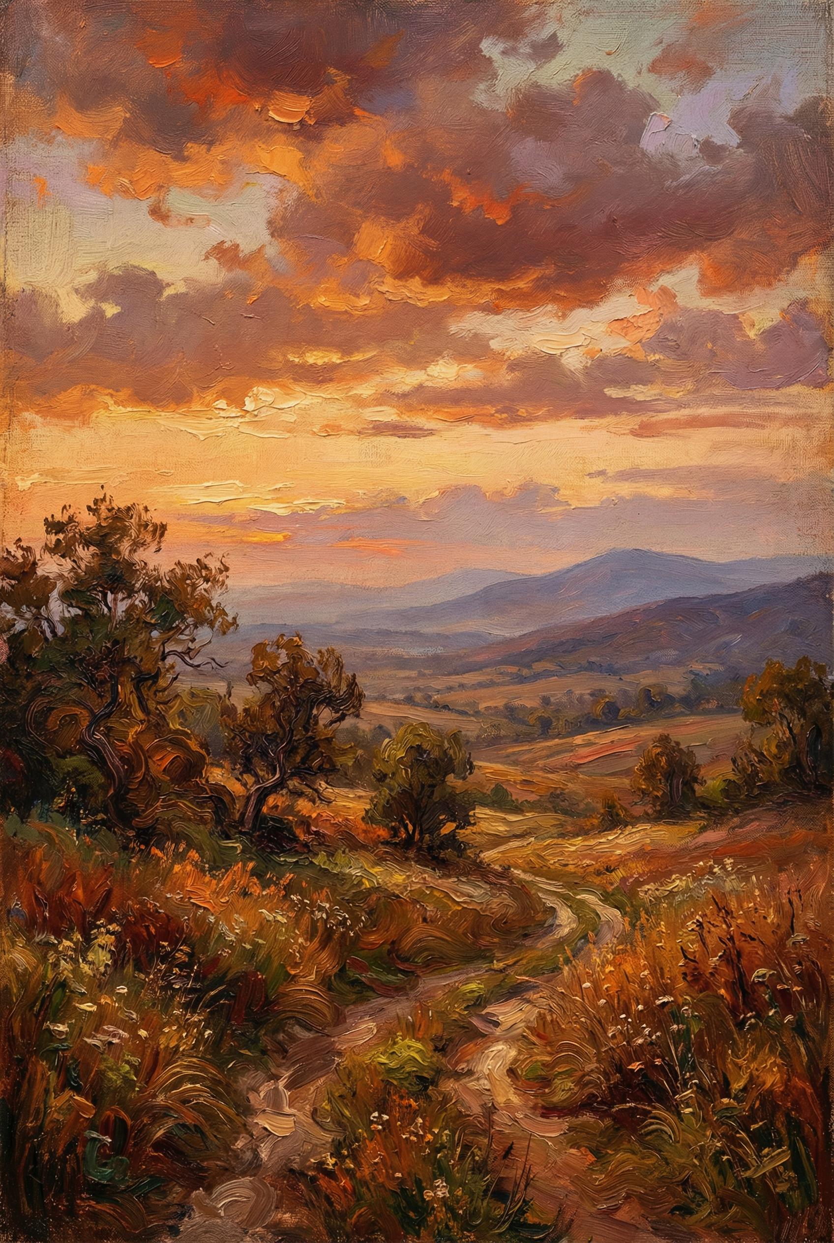 Oil Painting Style Landscape AI image: Romantic landscape oil painting with golden hour lighting, thick impasto clouds catching warm light,