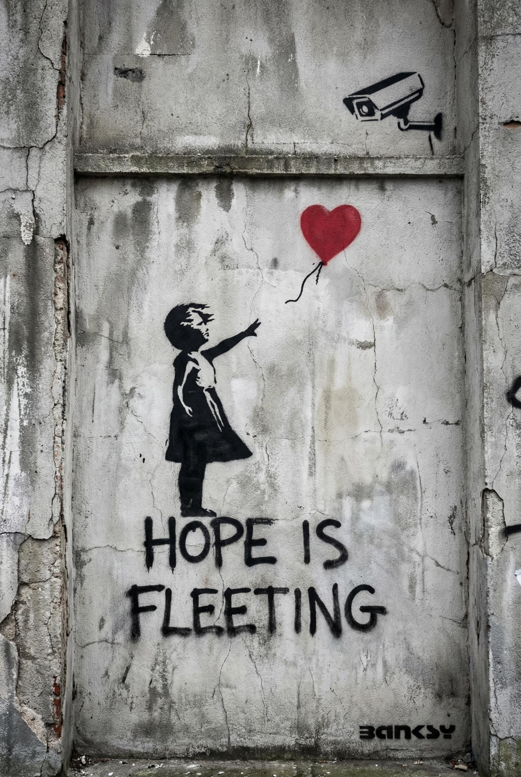 Banksy Street Art Style Character AI image: Banksy-style stencil art of girl with balloon, stark black silhouette against weathered concrete wal