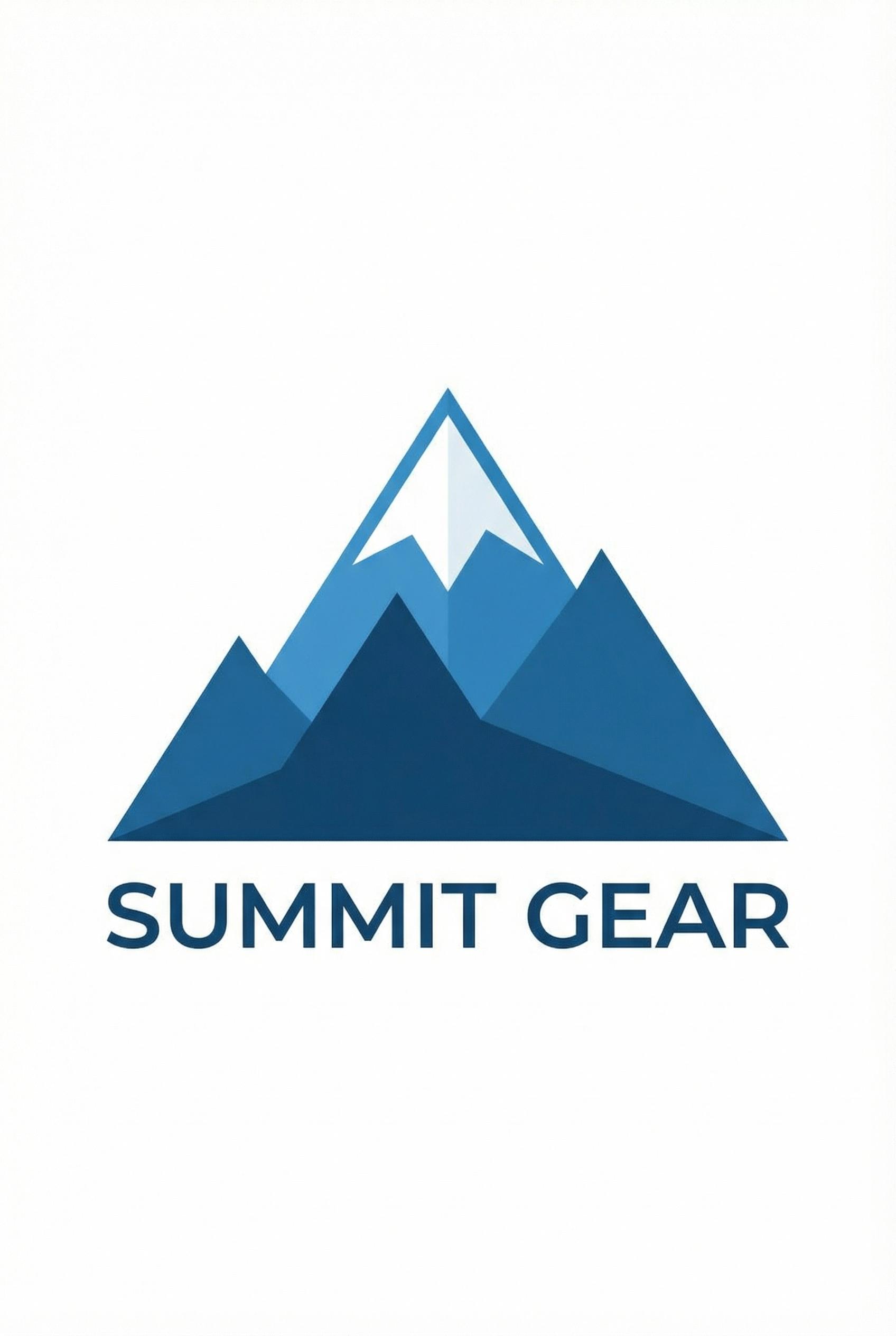 A minimalist vector logo of a snow-capped mountain peak, geometric triangle shapes, shades of blue and white, clean line