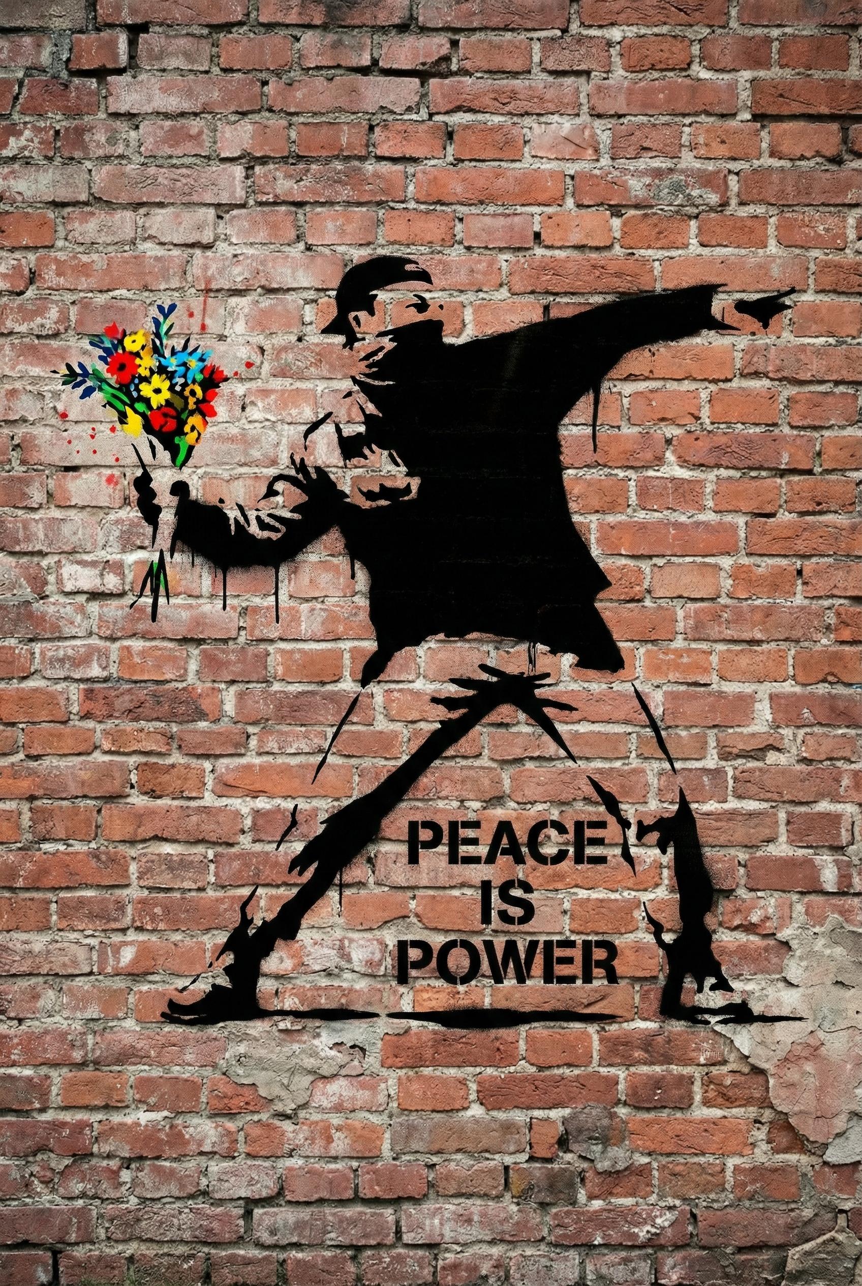 Banksy Street Art Style Character AI image: Banksy-style flower thrower, protester in throwing position but launching bouquet instead of weapon,