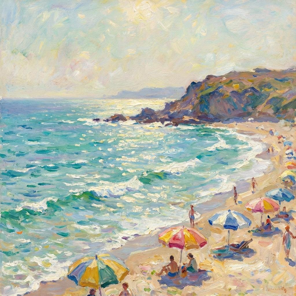 Impressionist Style AI image: a beatiful beach. Create this image in Impressionist Style