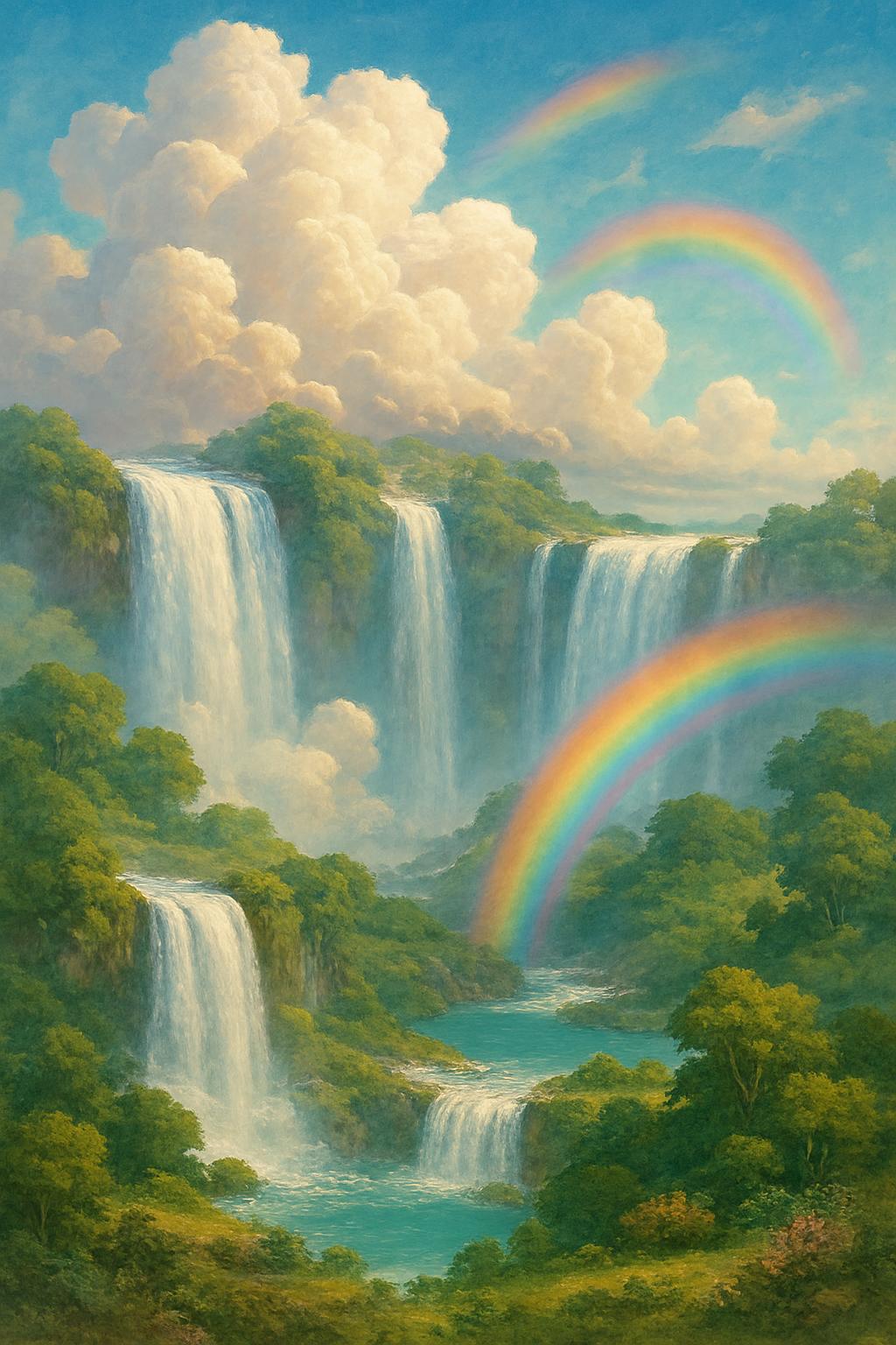 Redes Sociales AI image: Straight out of a dream — clouds, waterfalls, rainbows, and pure paradise.