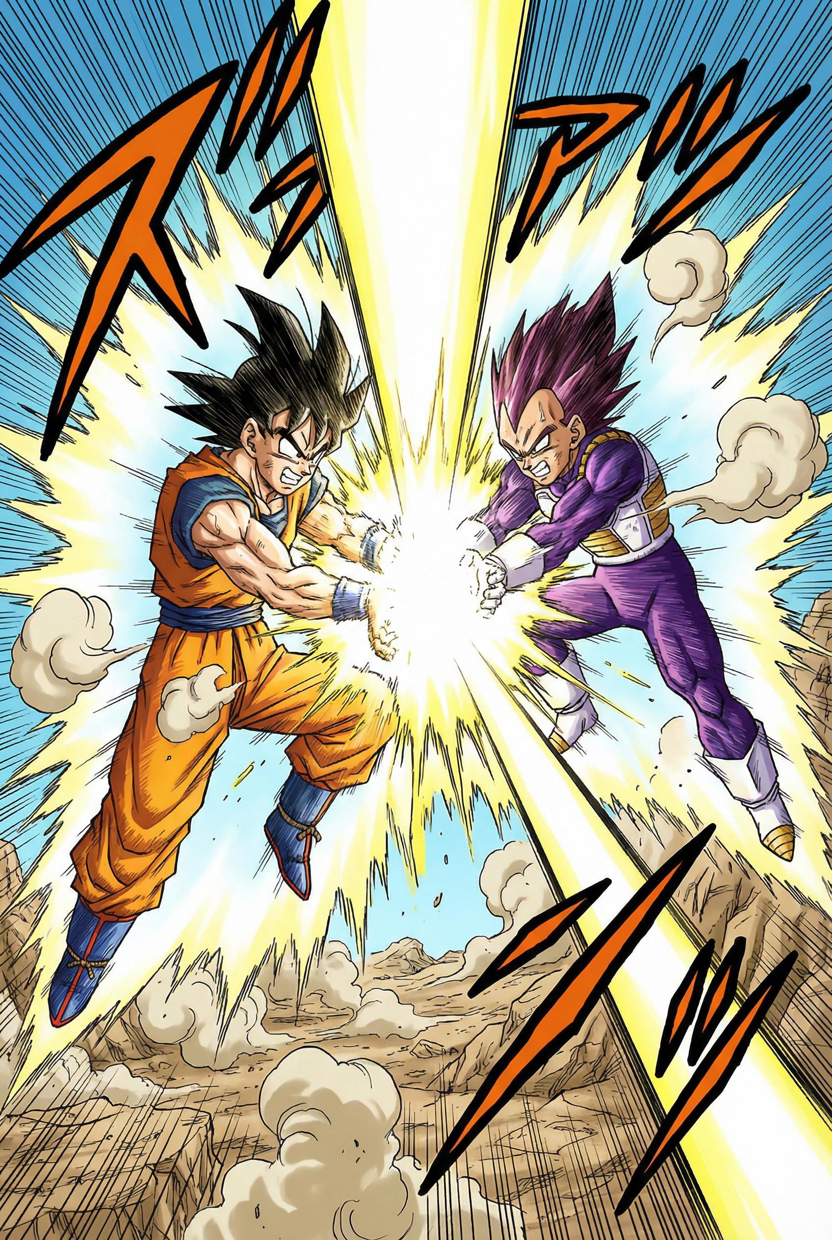 Dragon Ball Style AI image: Epic beam clash between two warriors, massive energy beams colliding in center creating explosive li