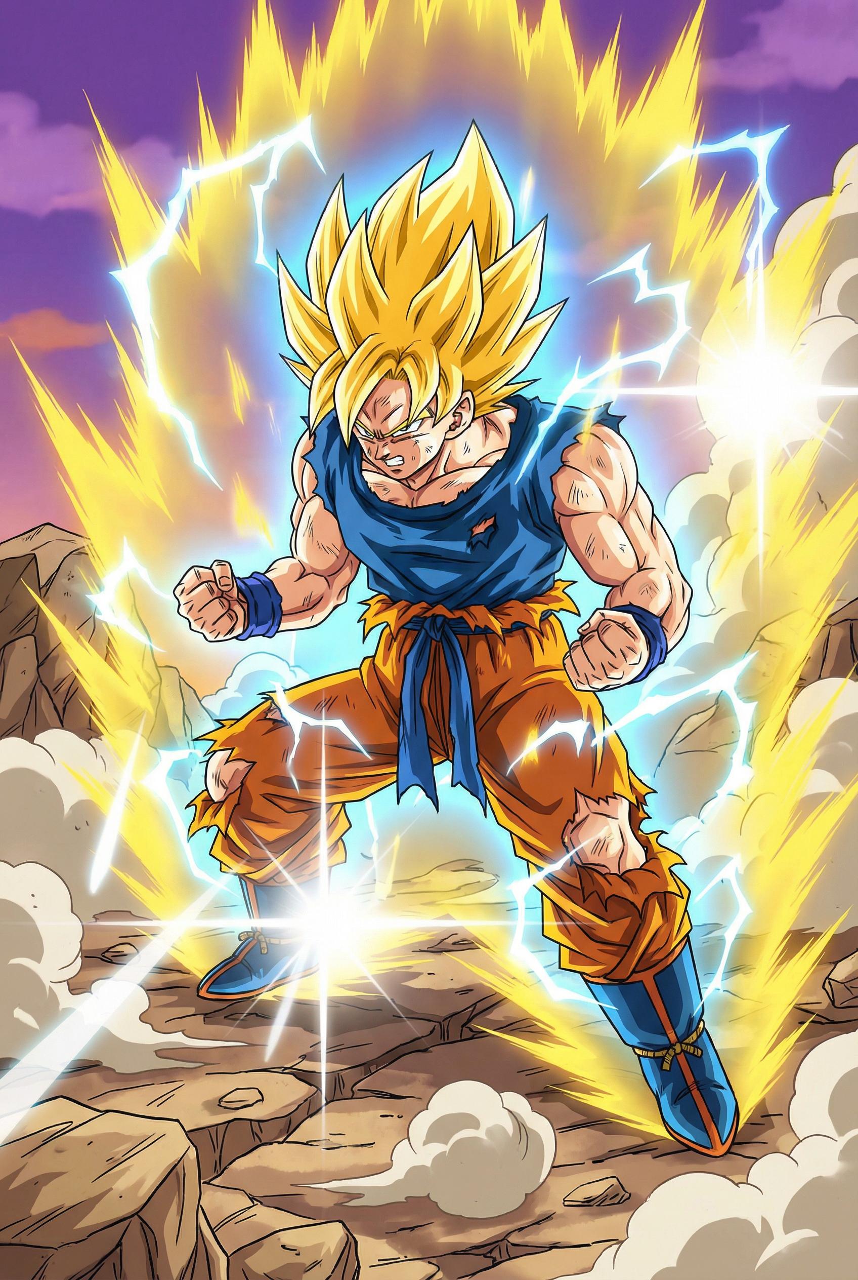 Dragon Ball Style AI image: Dynamic action pose of Super Saiyan warrior with golden spiky hair, intense energy aura radiating ou