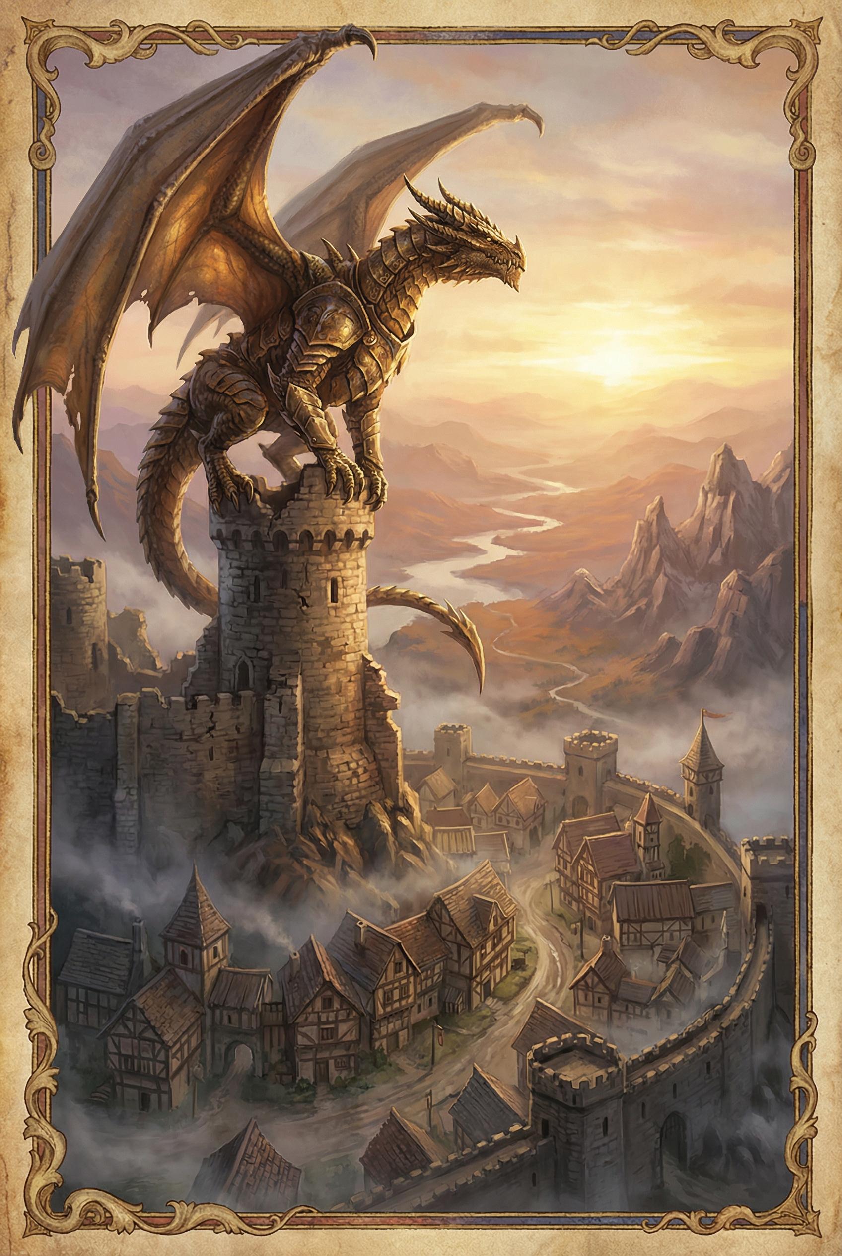 Redes Sociales AI image: Majestic dragon perched on castle tower at dawn, scales gleaming in golden morning light, medieval f