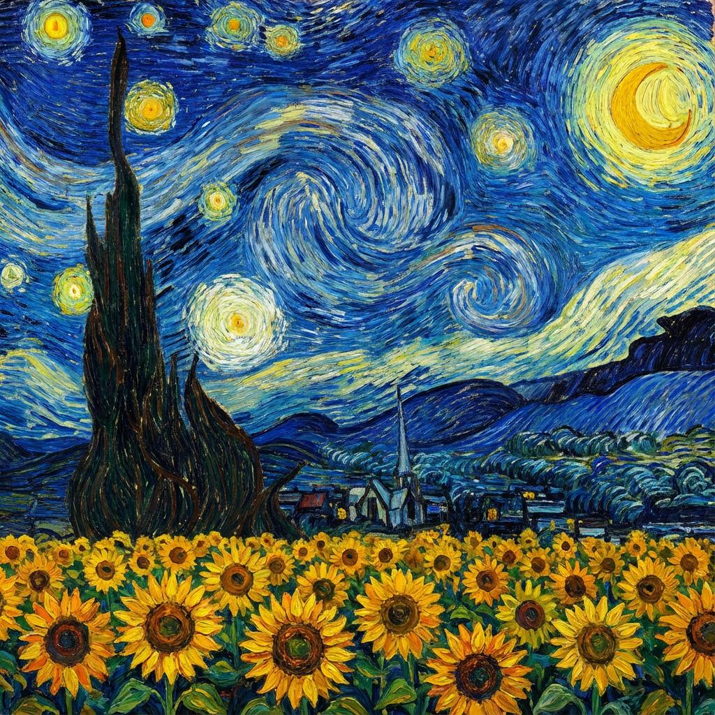 Van Gogh Style AI image: Sunflower field under swirling starry night sky, Van Gogh post-impressionist brushstrokes, vivid yel