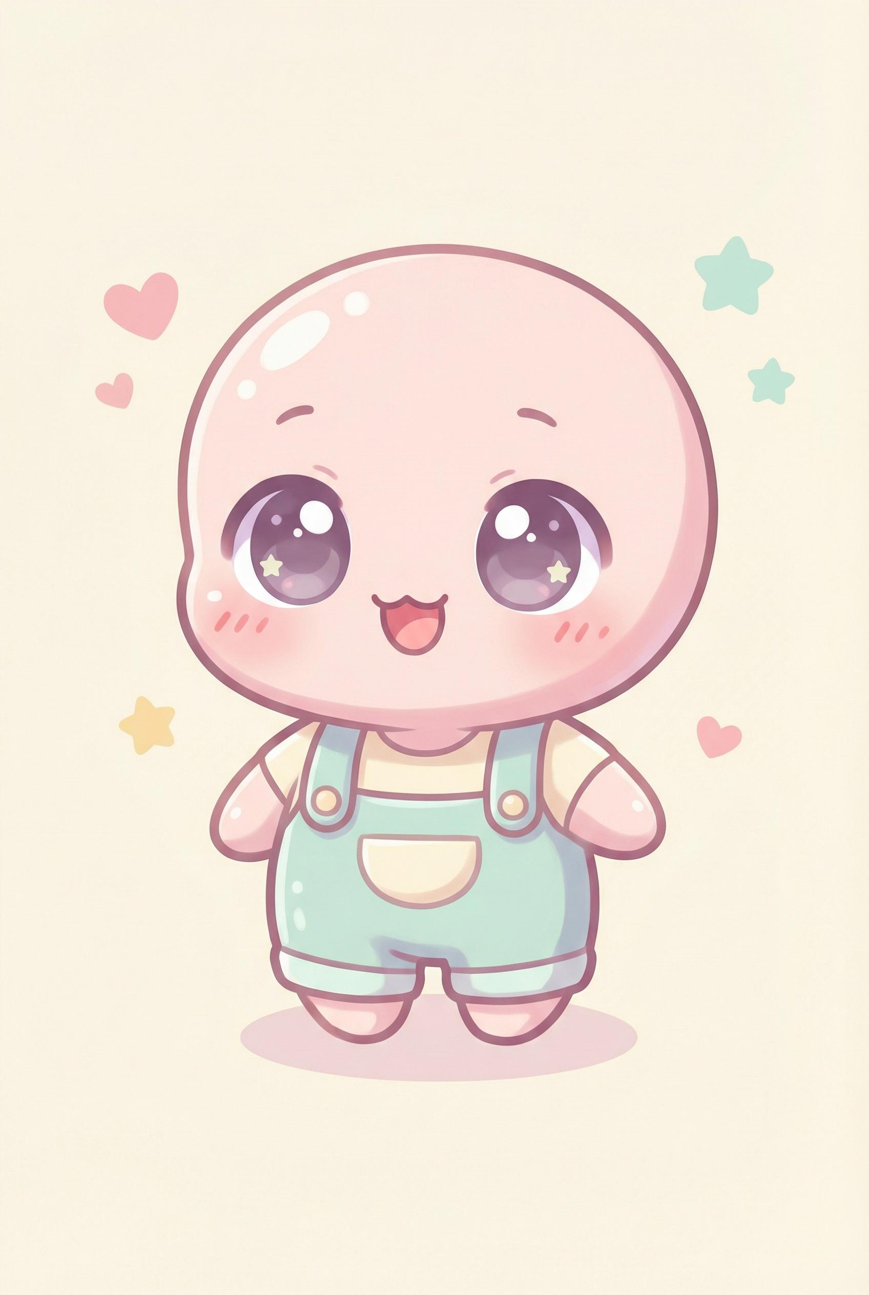 Chibi Style Character AI image: Cute chibi character with oversized head and tiny body, sparkling eyes taking up large portion of fa