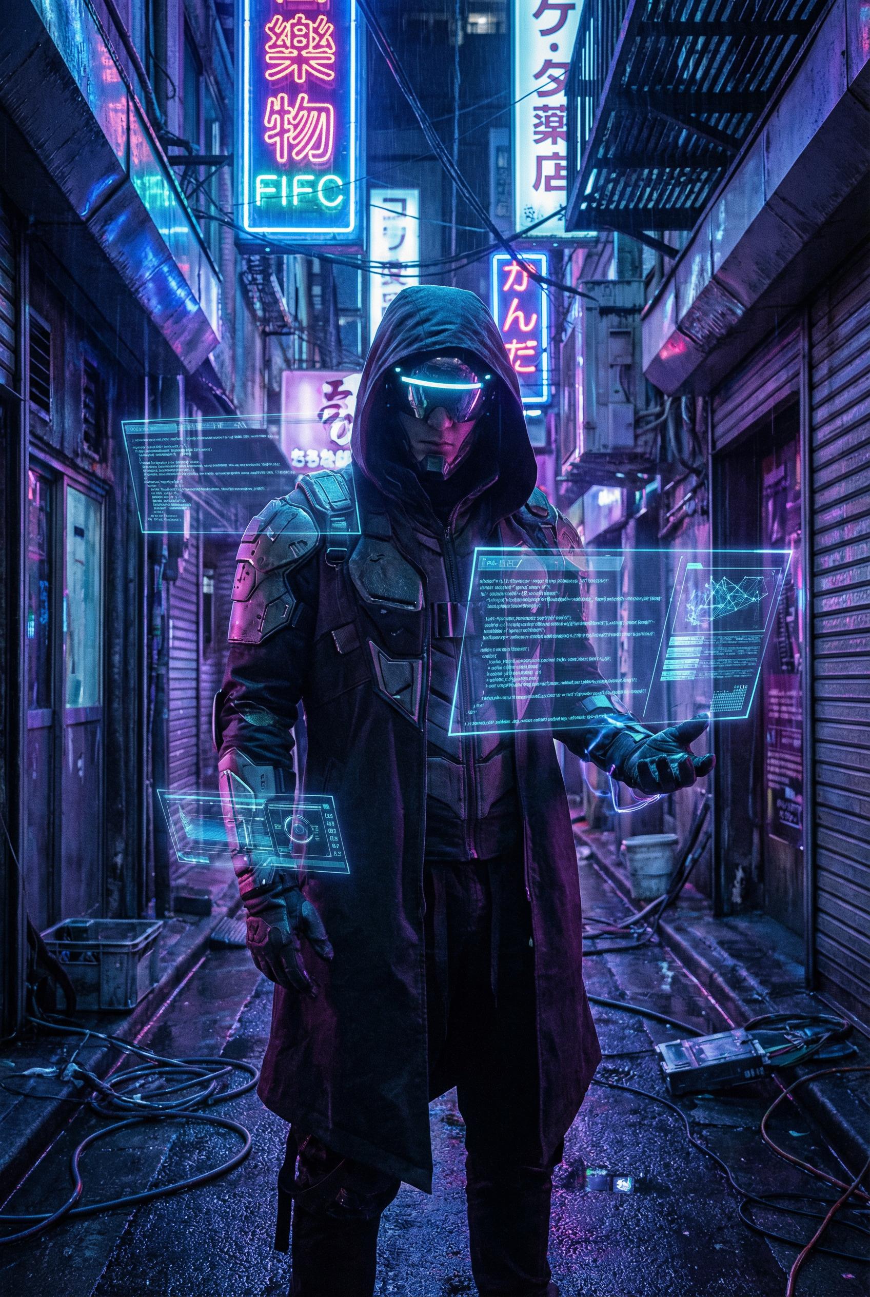 Cyberpunk Style AI image: A cinematic shot of a cyberpunk hacker wearing a futuristic visor and a hooded tech-wear jacket, sta