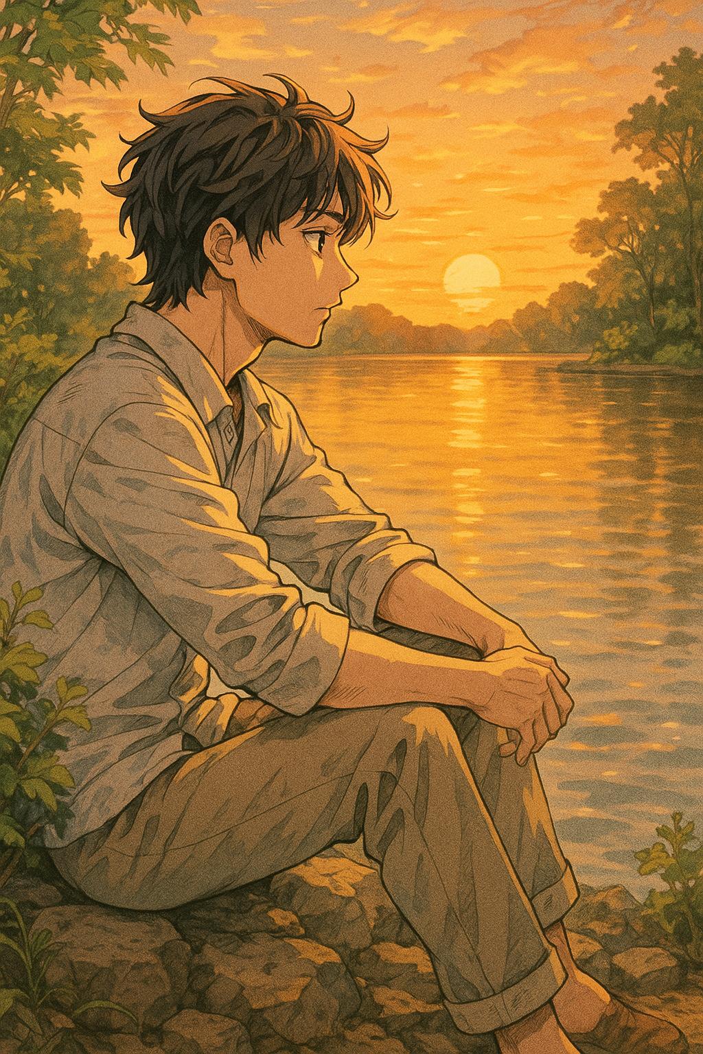 Redes Sociales AI image: A contemplative man sitting on a rocky shore by a tranquil lake during sunset, with soft golden ligh