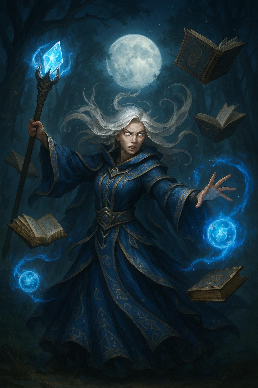 Redes Sociales AI image: "Powerful sorceress casting spell, flowing robes with arcane symbols, magical staff with glowing cry