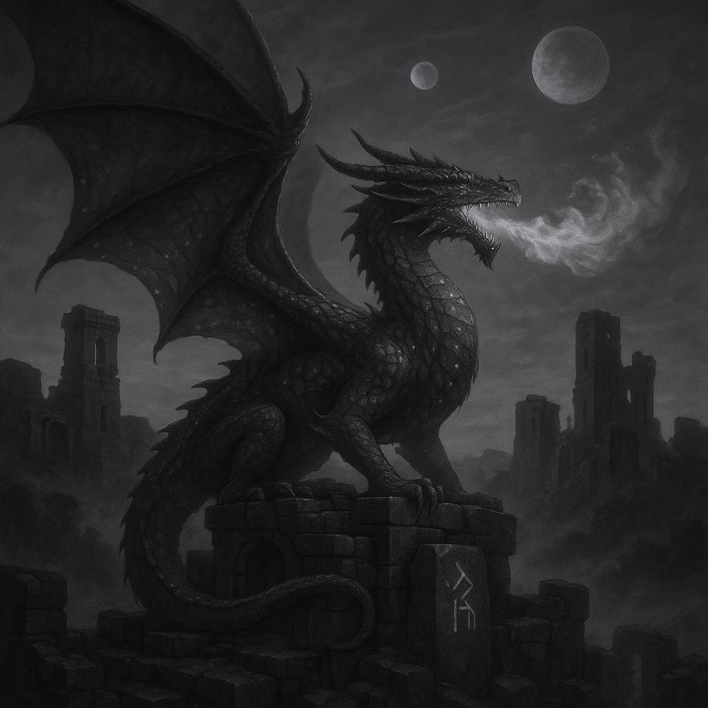 Majestic dragon perched on ancient stone ruins at sunset, massive wings spread, scales shimmering with magical iridescen