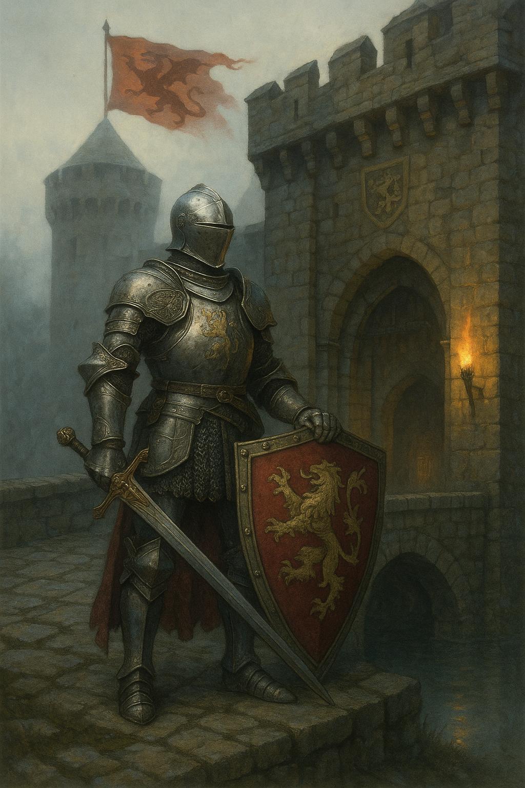 Knight in shining armor standing before ancient castle gates, holding ornate sword and heraldic shield, red dragon banne