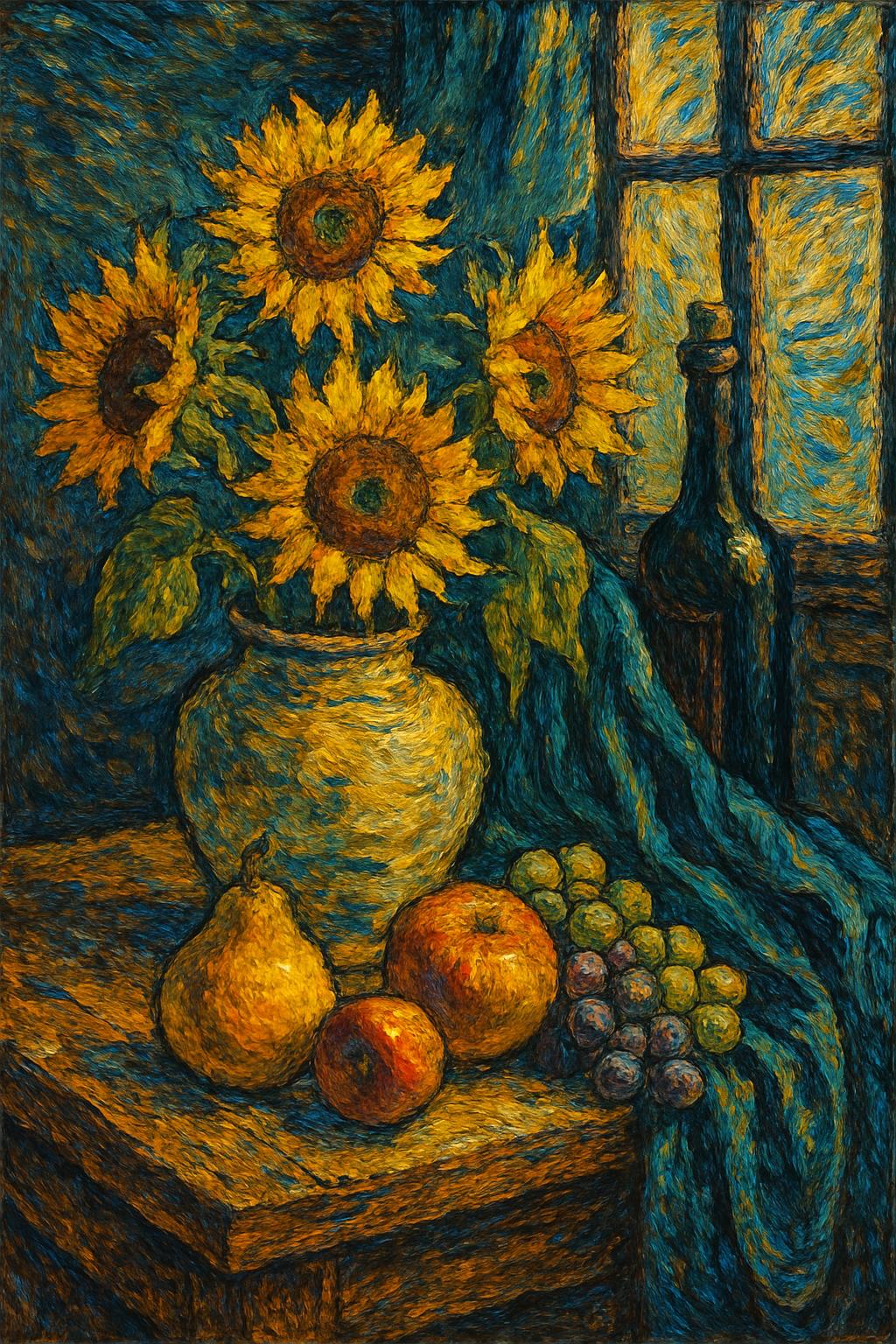 Redes Sociales AI image: Still life with ceramic vase of sunflowers, fresh fruits, wine bottle, draped velvet fabric on woode