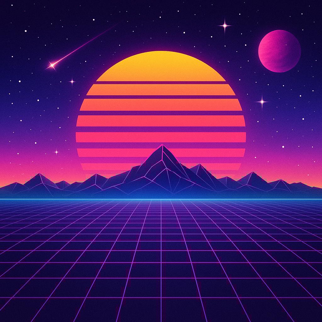 Redes Sociales AI image:
Retro 80s wave space, 1980s retro futuristic style background, digital landscape in the cyber world