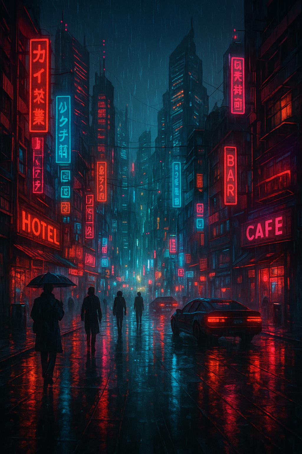 Redes Sociales AI image: Cyberpunk cityscape at night, neon lights, rain-soaked streets, futuristic buildings, Blade Runner s