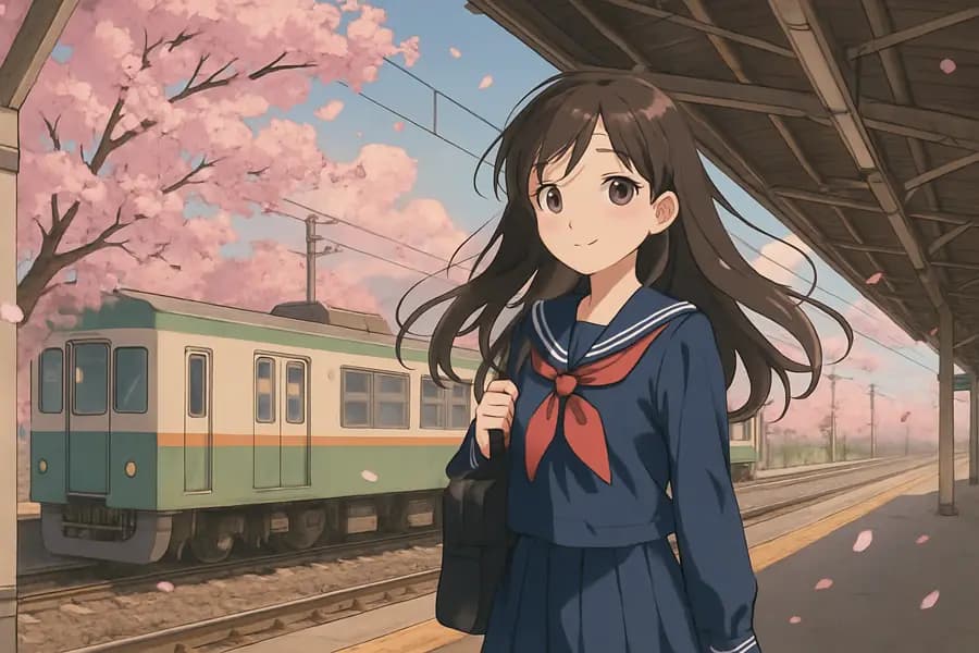 Anime girl on a train platform under cherry blossoms