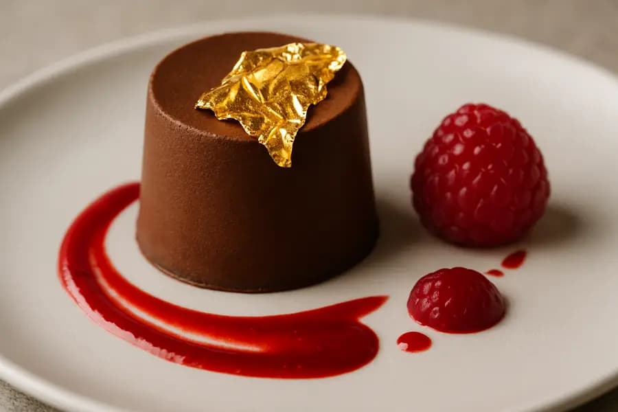 Chocolate dessert with gold leaf and raspberries
