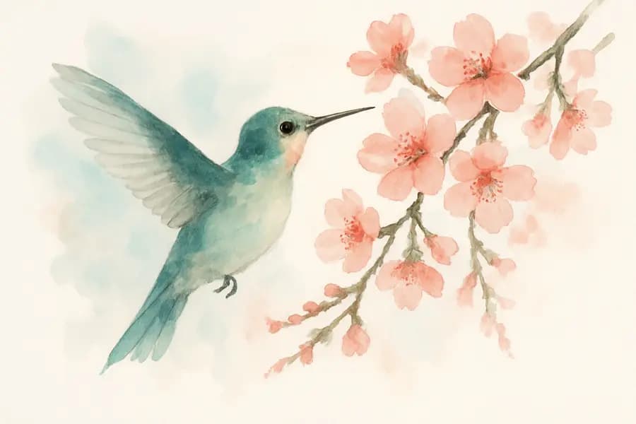 Watercolor hummingbird with cherry blossoms