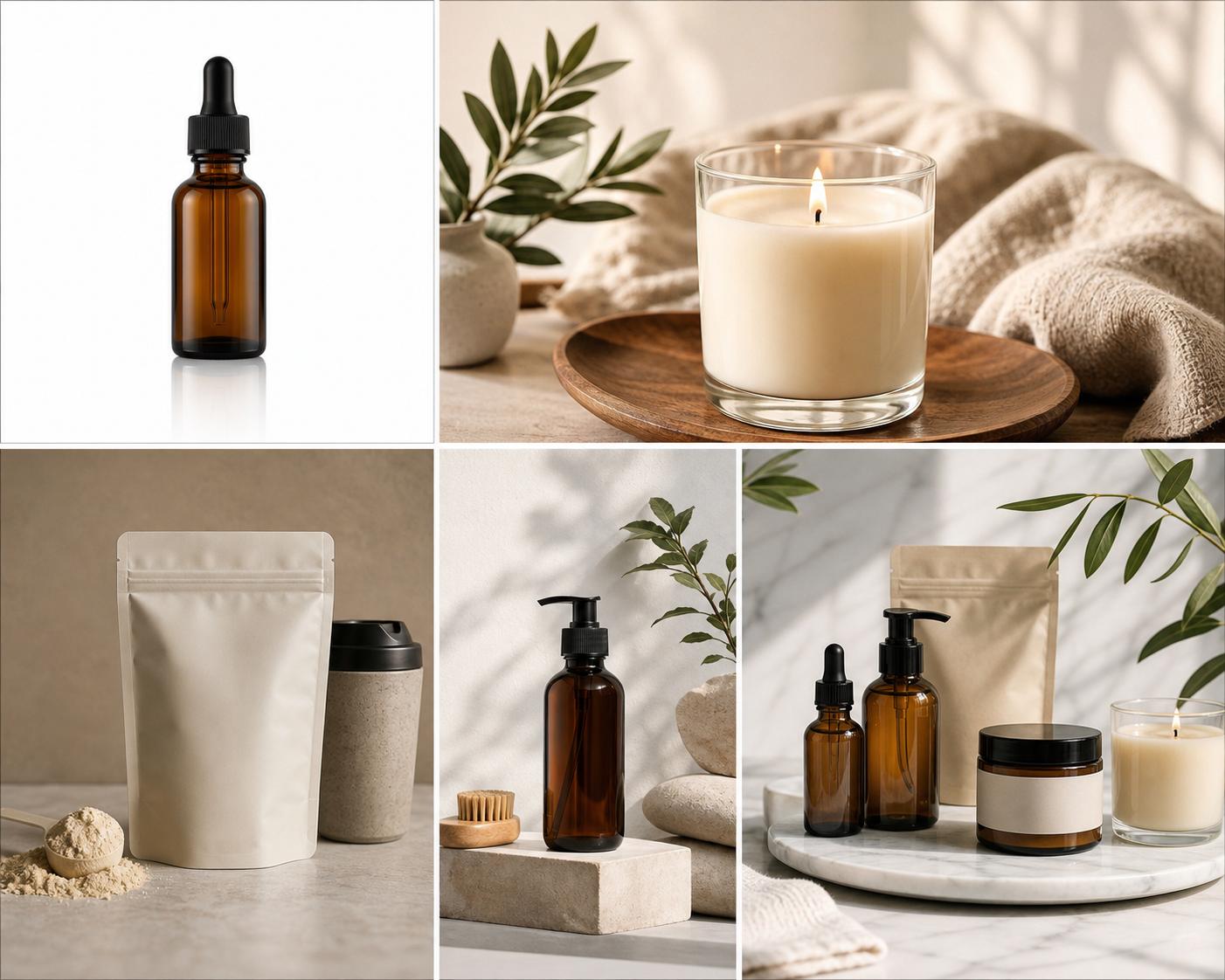 A coordinated set of ecommerce product images for listings, lifestyle marketing, social ads, and websites