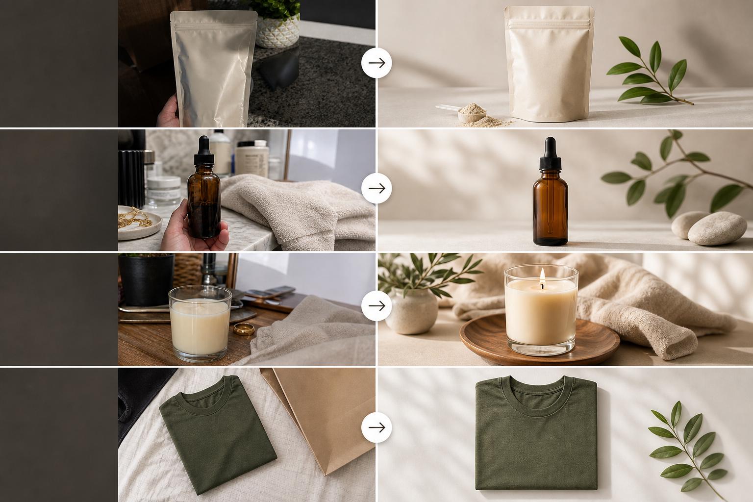 Before and after product photos showing cleaner backgrounds and more polished ecommerce presentation