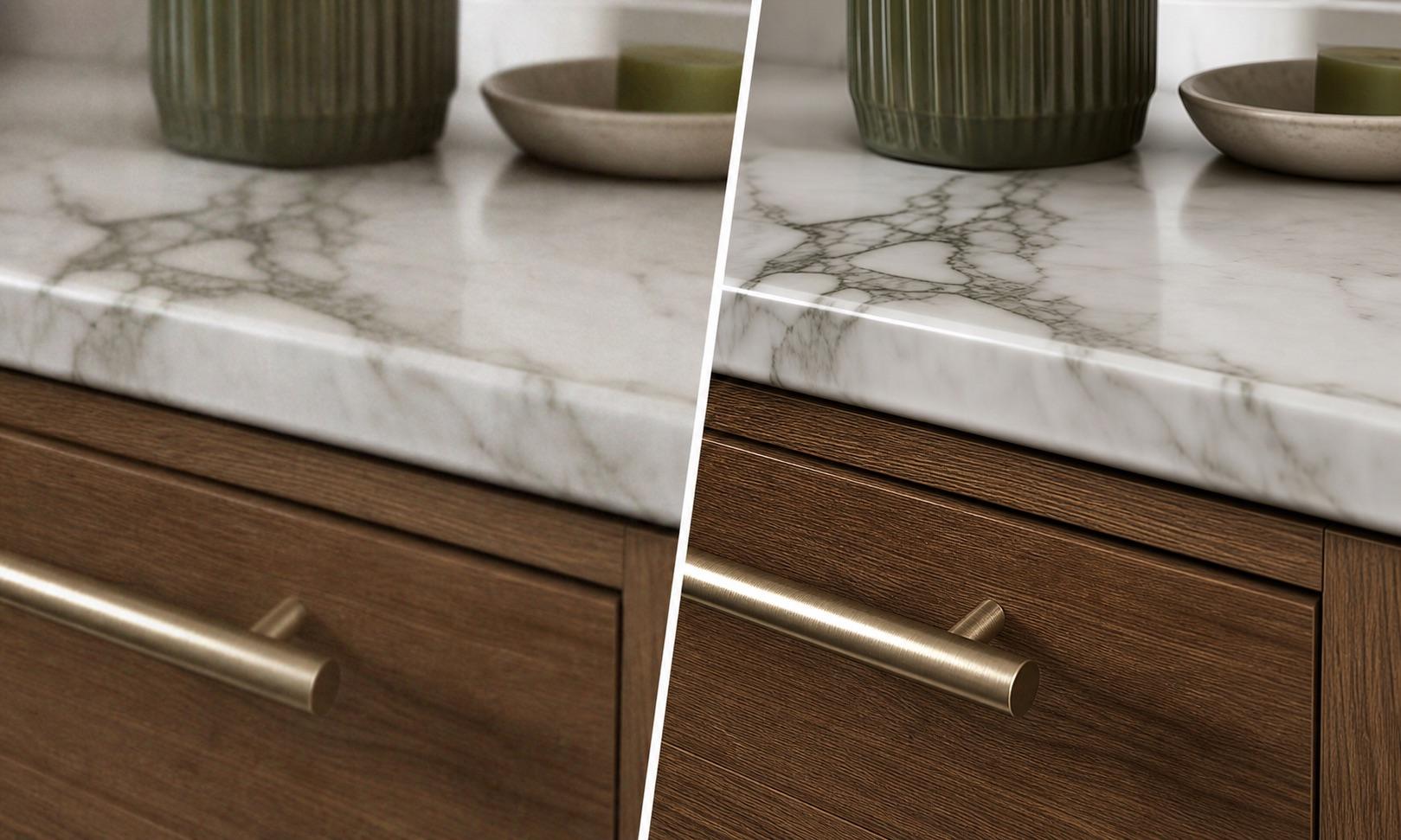 Before and after detail enhancement showing sharper wood, marble, and metal surfaces