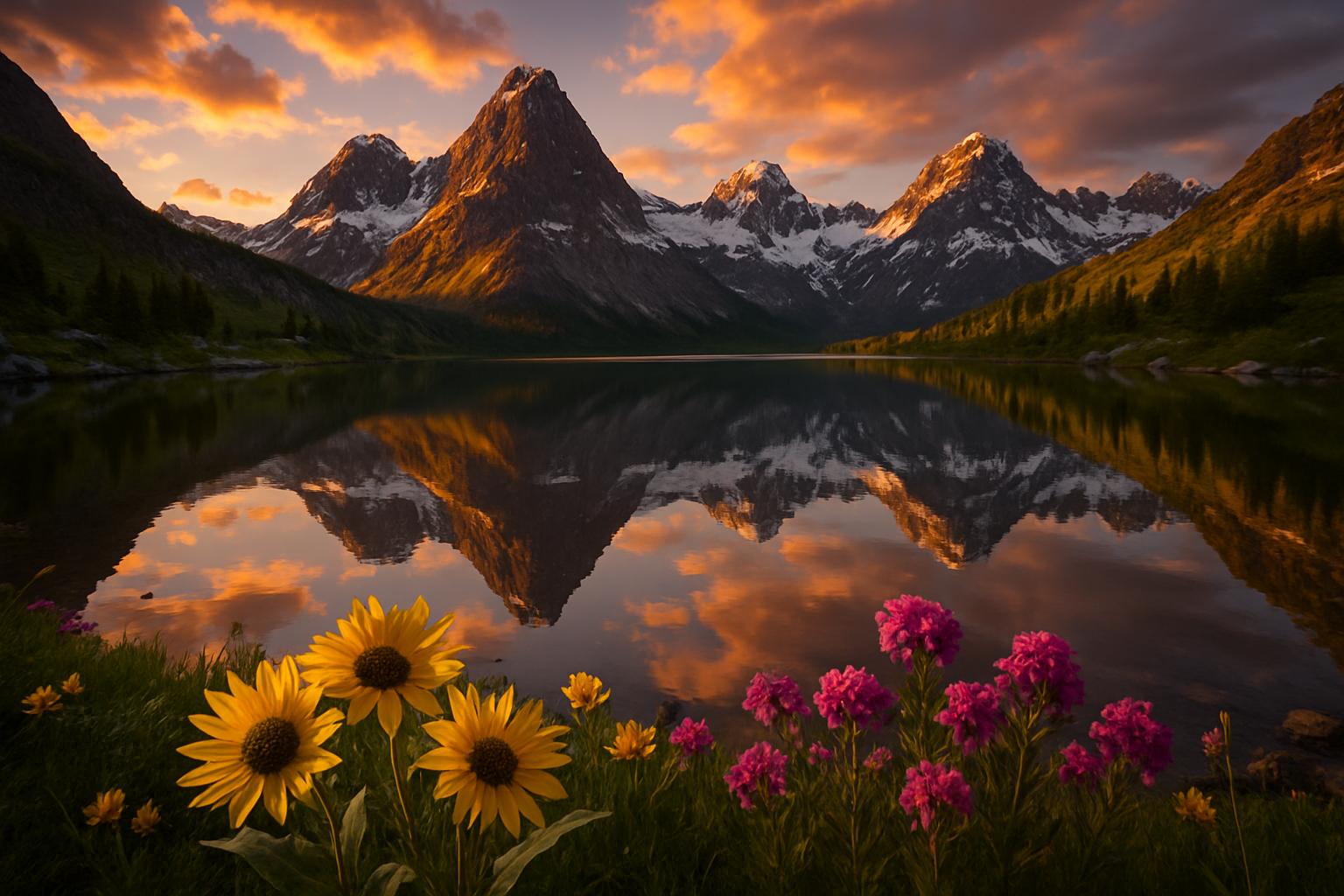 Alpine lake and snow-capped mountains at golden hour