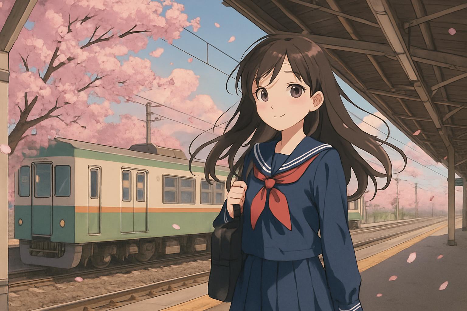 Anime illustration of a train platform in spring with sakura petals