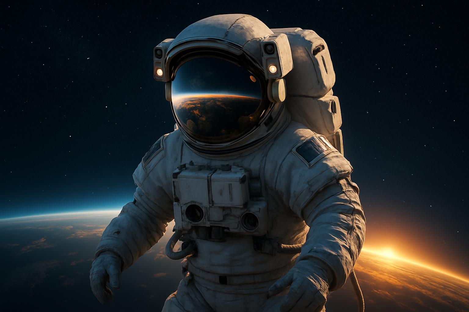 Astronaut floating above Earth at sunrise