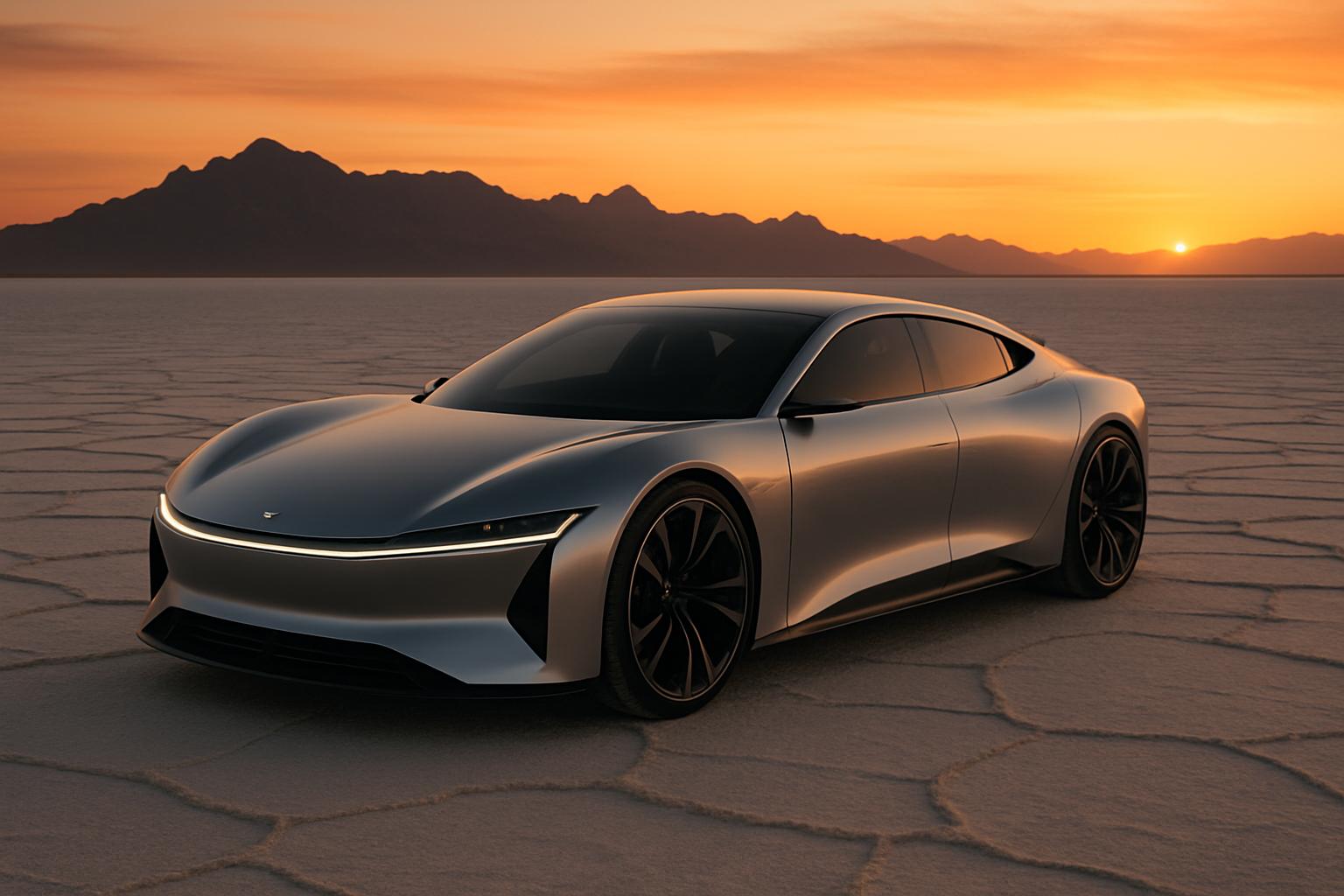 Futuristic concept car on a desert salt flat at sunset