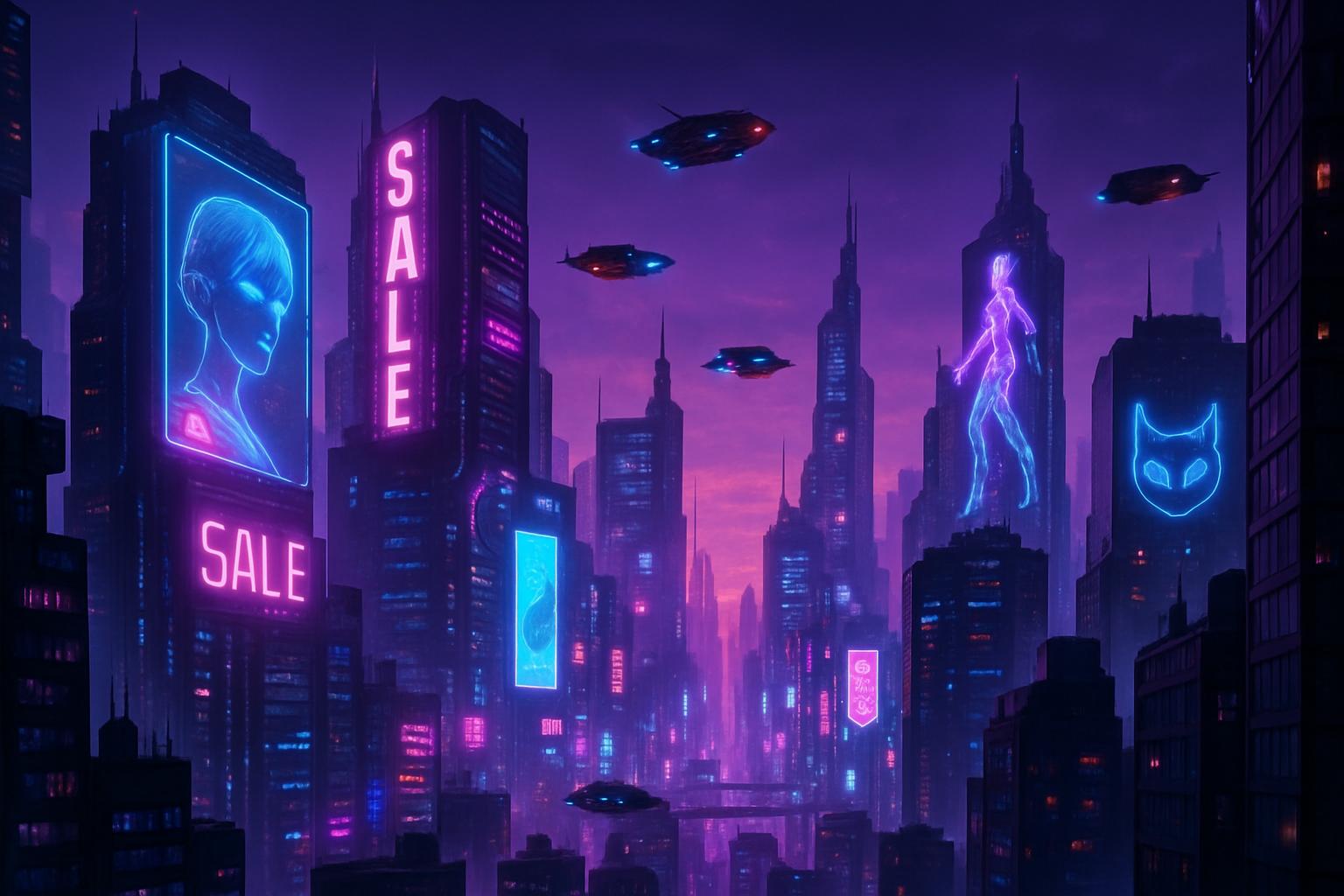 Cyberpunk city skyline at dusk with holographic billboards