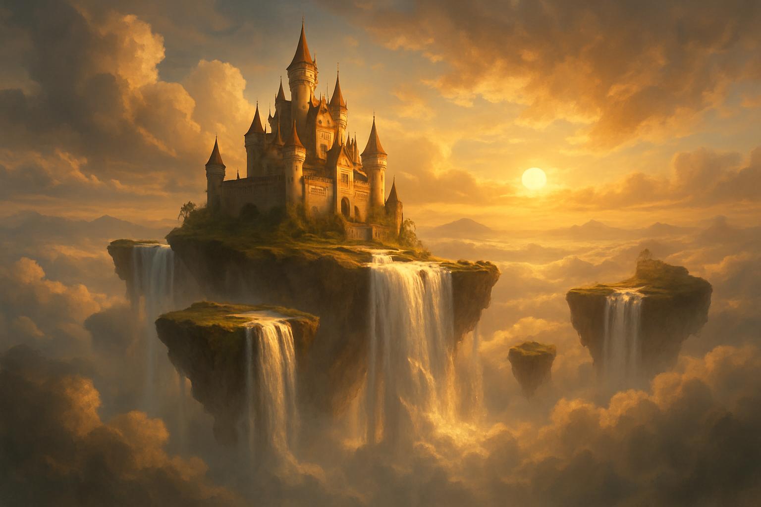 Fantasy painting of a castle on floating islands above the clouds