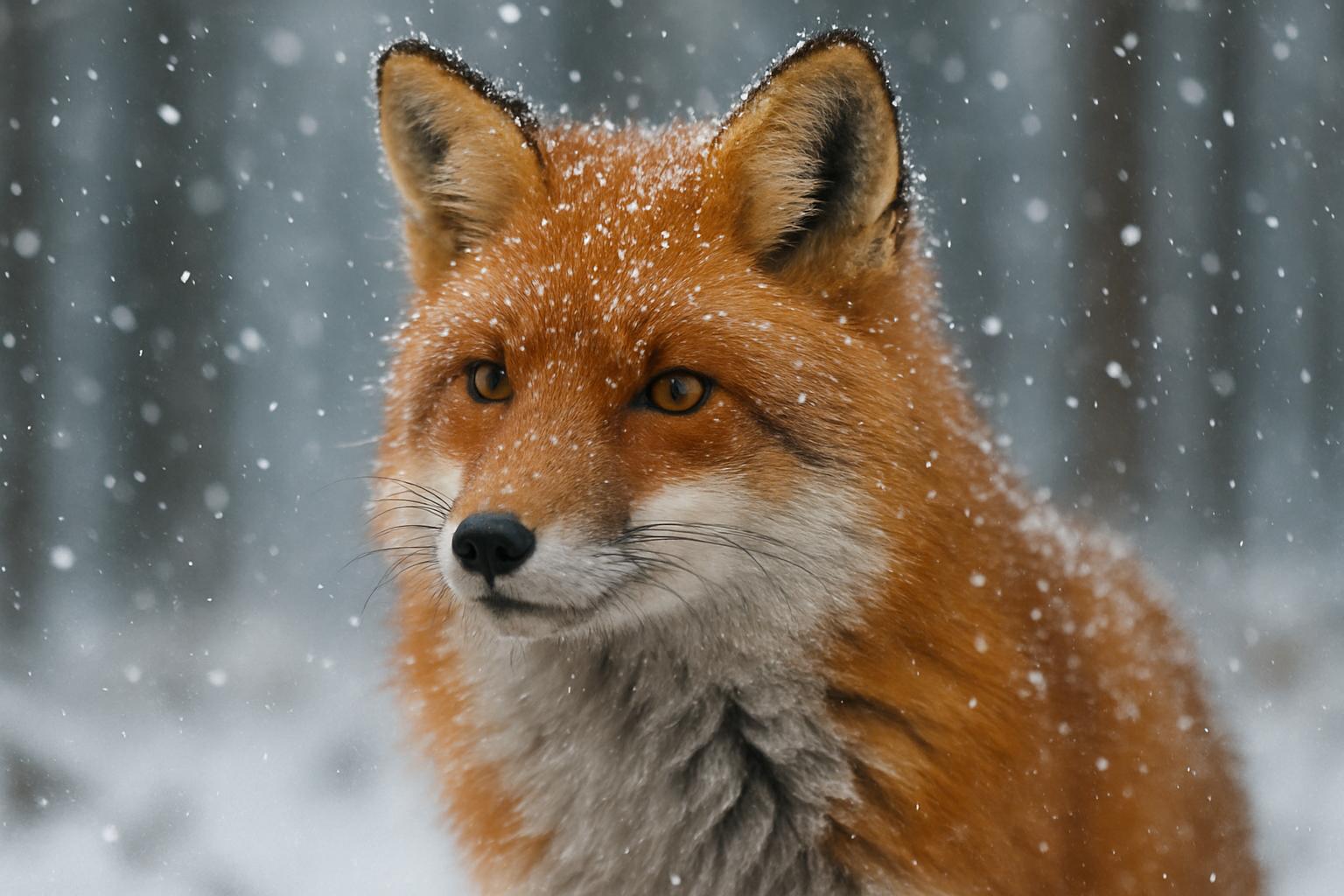 Wildlife photo of a red fox in falling snow